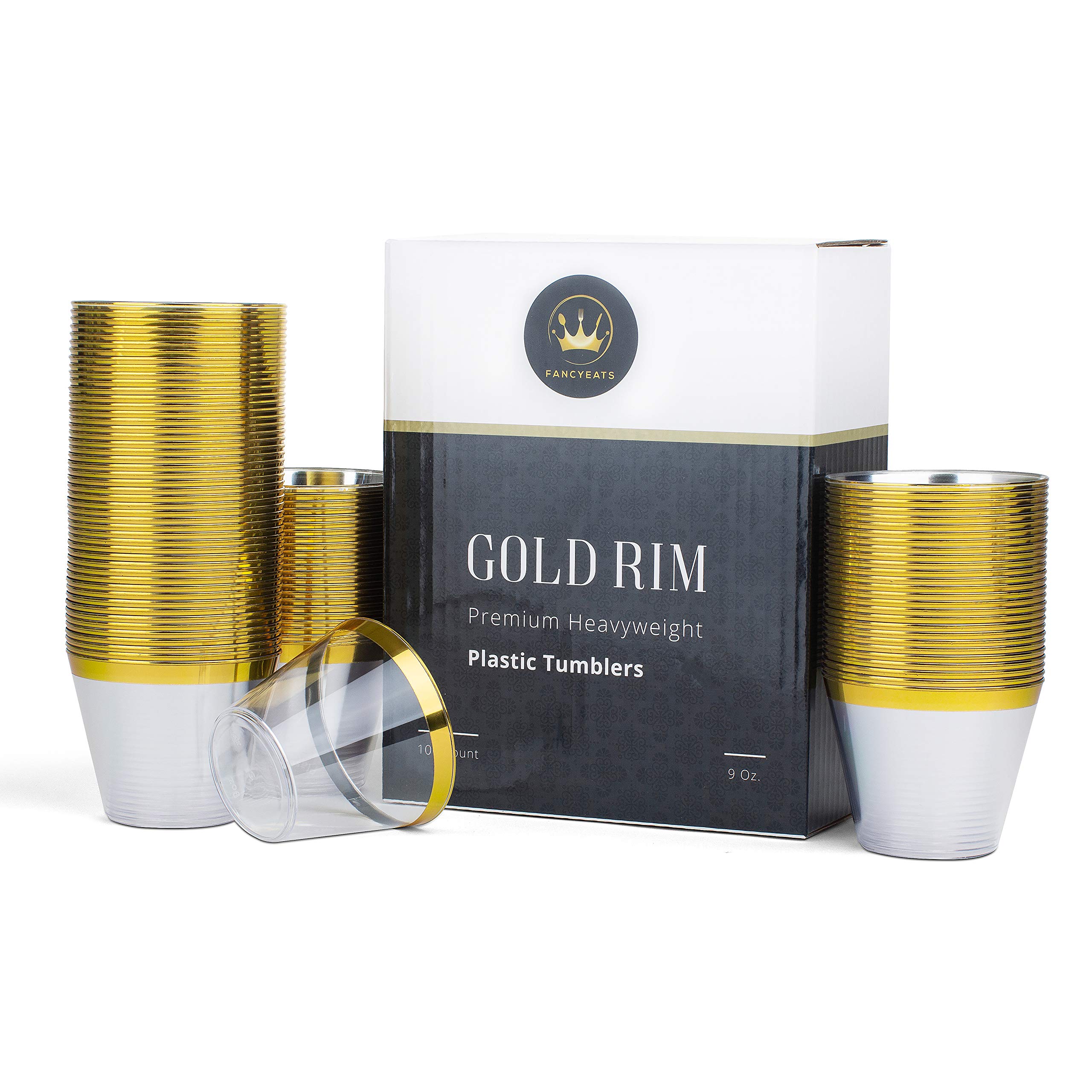 Buy 100 Gold Rimmed Plastic Cups 9 Oz Clear Plastic Hard Tumblers