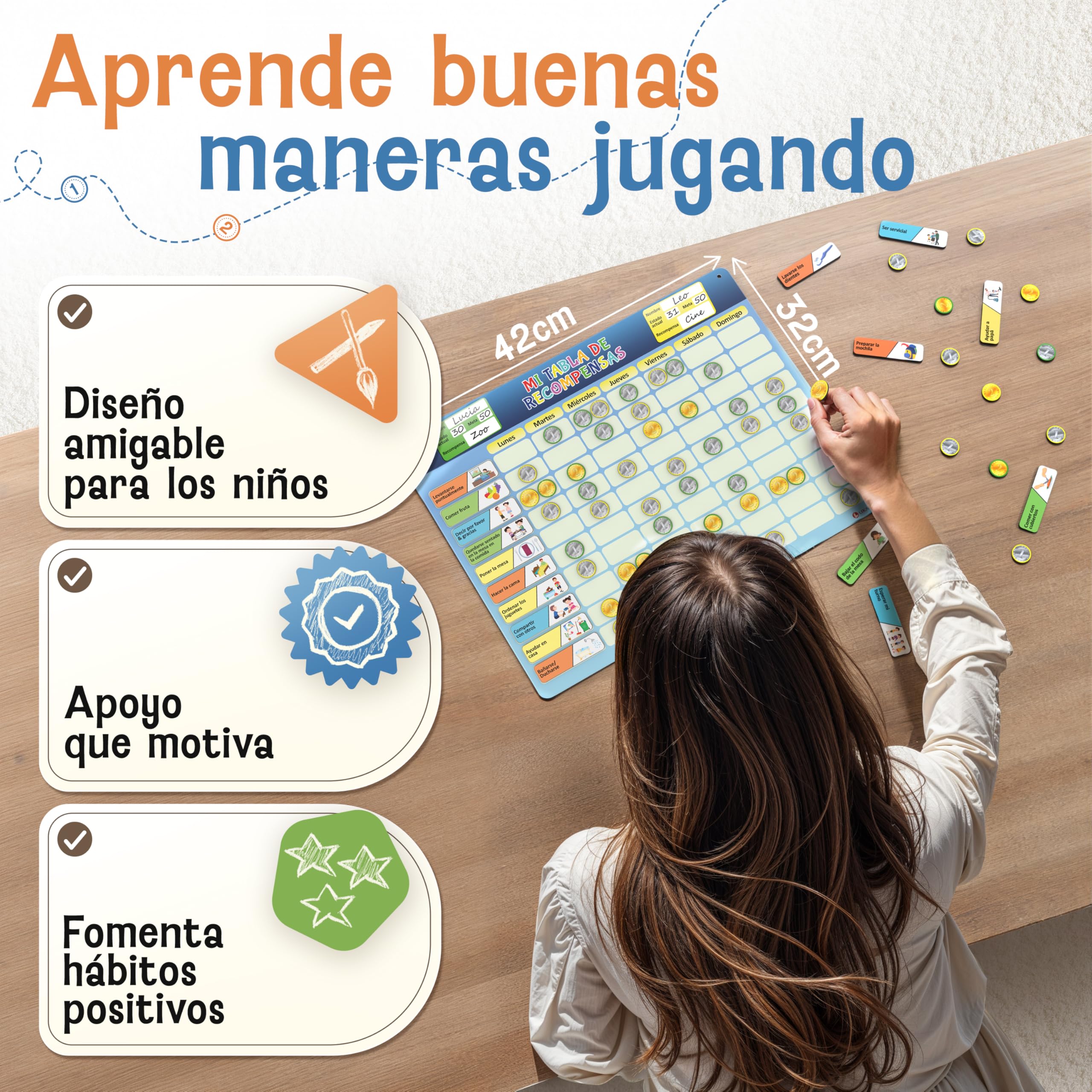 LIKARTO® Tabla de recompensas para niños - Tabla magnética con 280 imanes - Tabla de comportamiento, Rutinas infantiles, Jugar con autonomía, Planificador semanal para niños