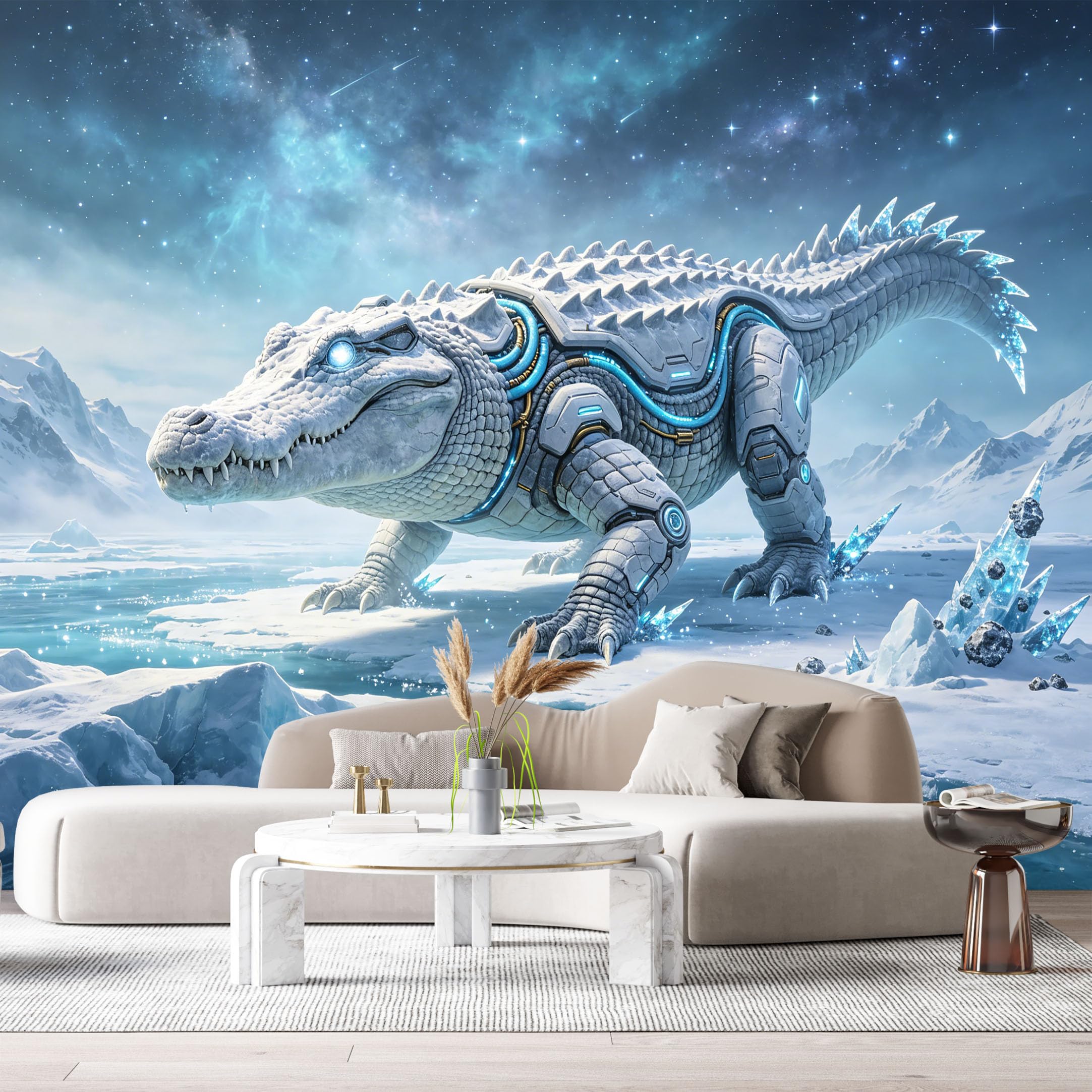 Custom Size Wall Mural Ice Mech Crocodile Robot Science Fiction Frost Armor Futuristic Mechanical Beast SelfAdhesive Art Prints Removable Large Wallpaper Esports Room Game Room Studio