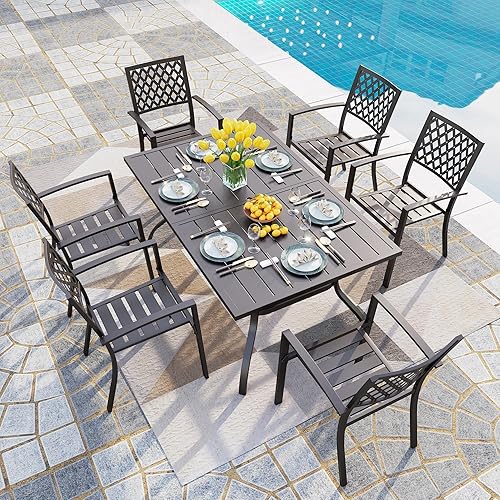 PHI VILLA Outdoor Patio Dining Set of 7 with Metal 60"x38" Rectangular Dining Table and Bistro Chairs - Black