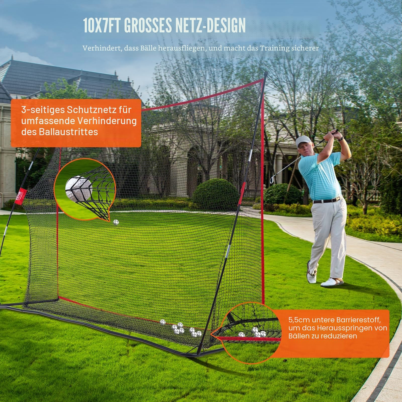 VEVOR Golf-Übungsnetz, riesiges 3,2 x 2,1 m großes Golfnetz, persönliche Driving Range für den Innen- und Außenbereich, tragbares Golf-Hilfsnetz für zu Hause mit stabilem Fiberglasrahmen und Tragetasc
