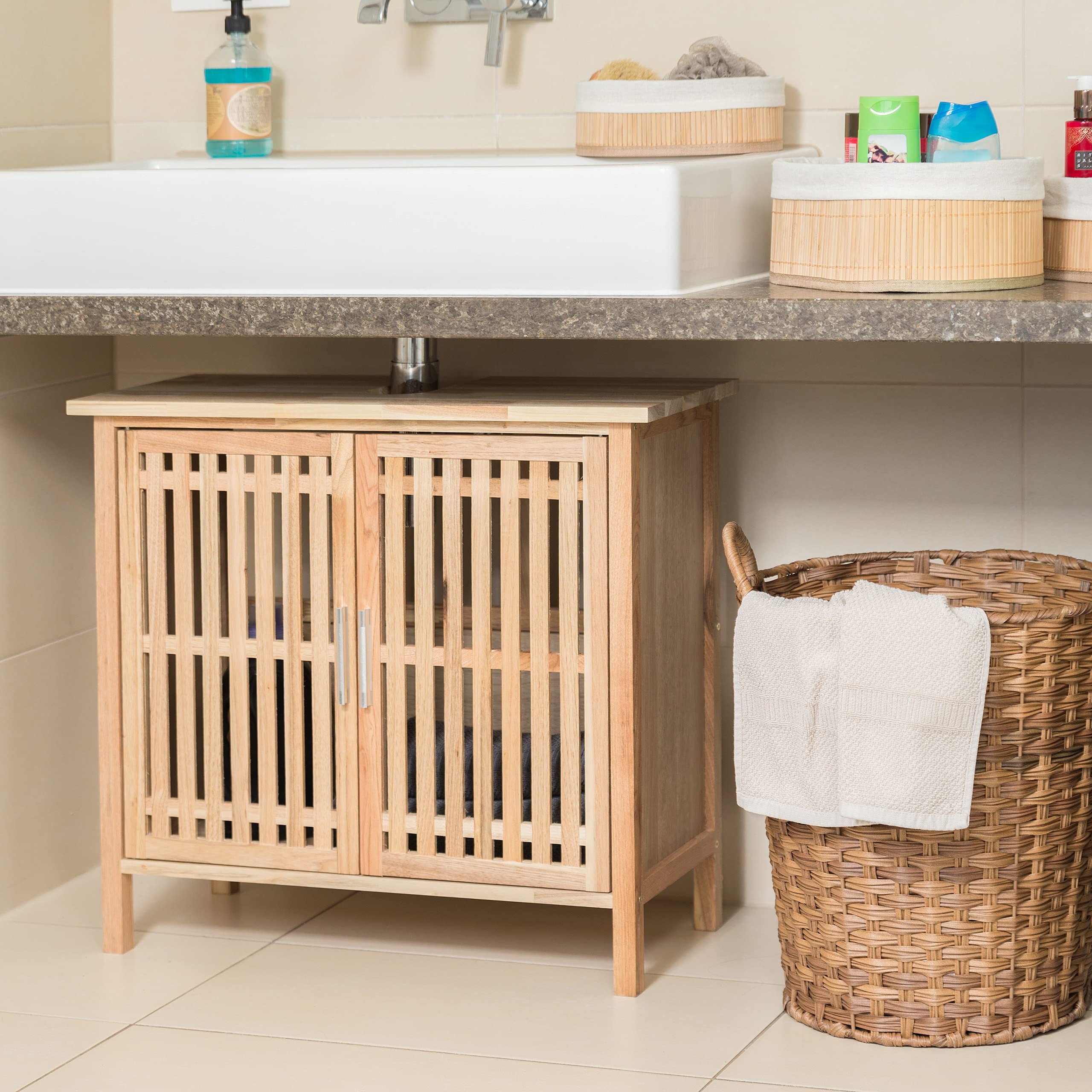 Relaxdays Mobile Bagno Legno di Noce, Mobiletto Sottolavabo, Naturale