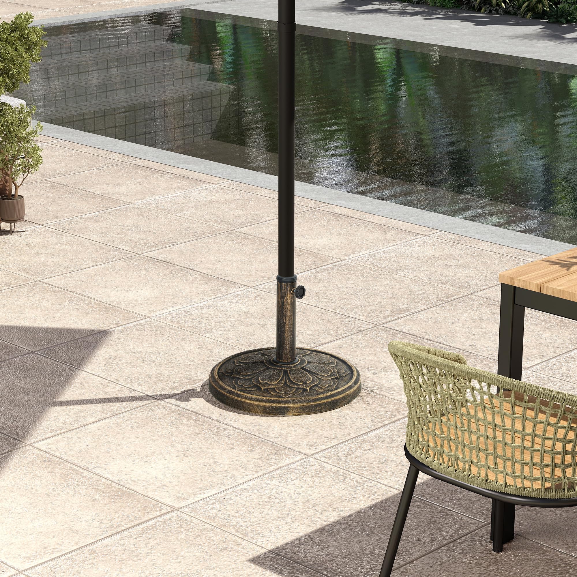 Outsunny Base per Ombrellone da 12 kg con Motivo di Fiore di Loto e Manovella Integrata, Basamento per Ombrellone in Resina, Metallo e Cemento, per Pali di Ombrelloni da Ø32/38/48 mm, Bronzo