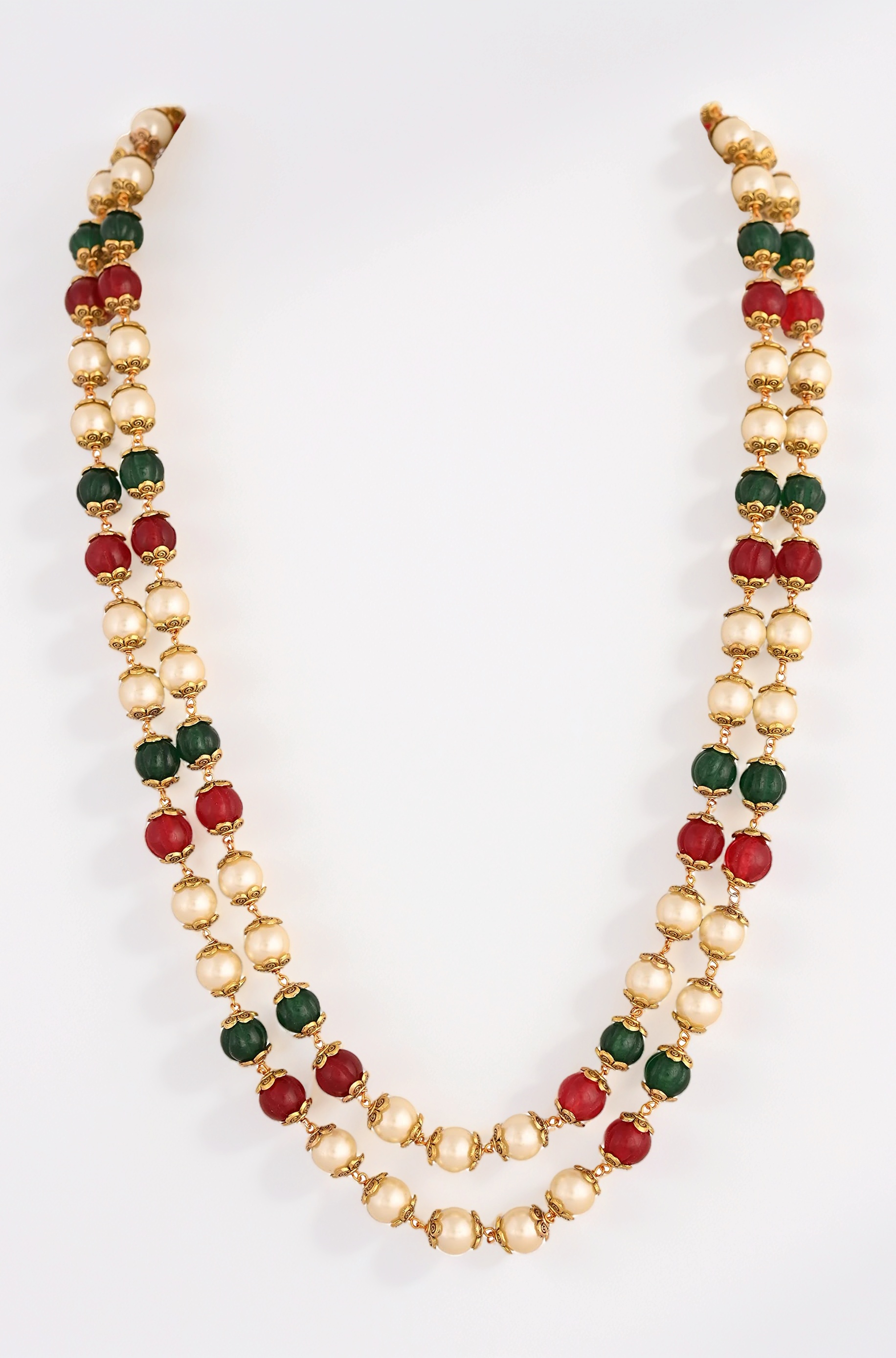 Double Line Red Green 8mm Golden Pearl Beads Mala Necklace For Women/Girls