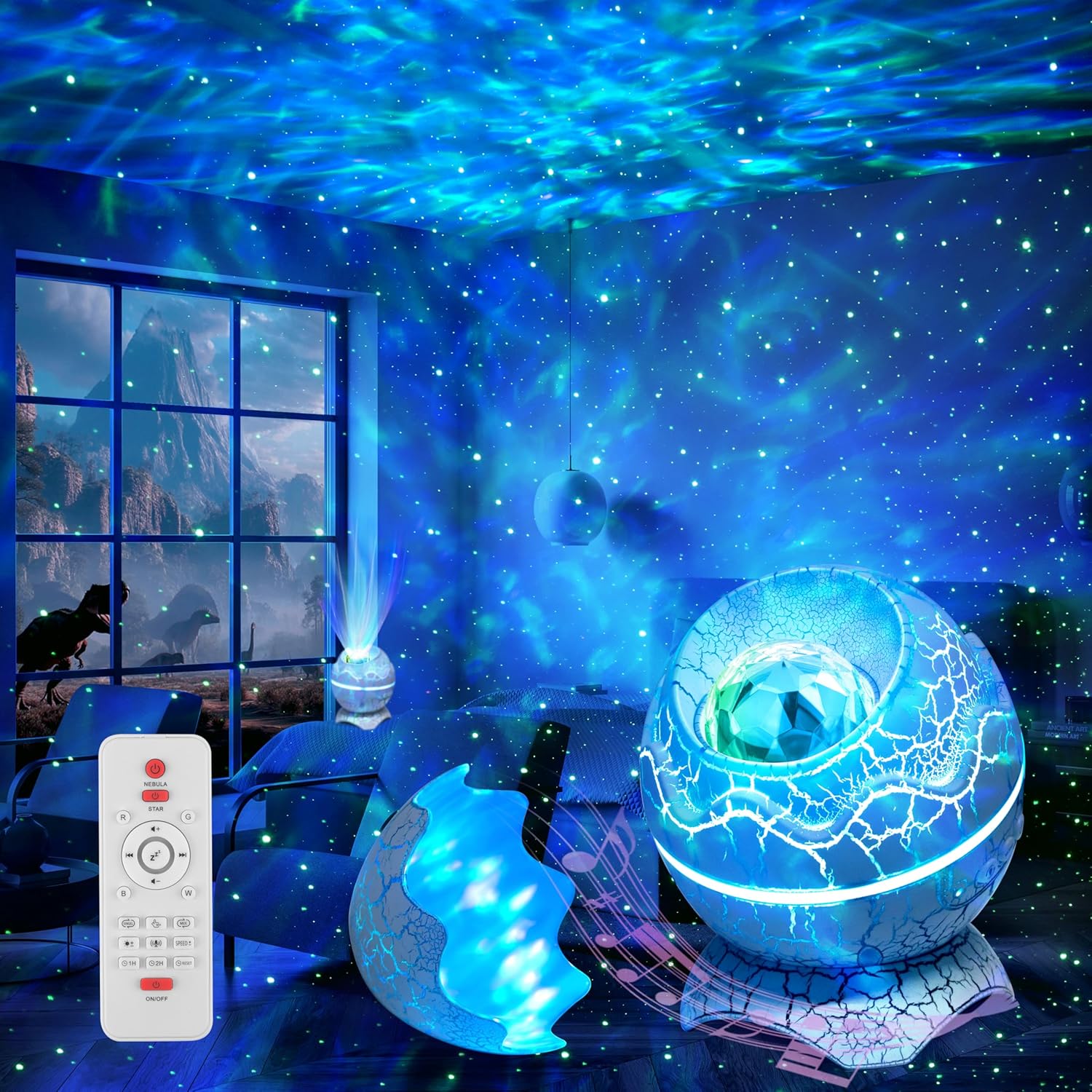 Star Projector Night Light, AIRIVO Dinosaur Egg Ocean Wave Galaxy Projector for Bedroom with Music Speaker, White Noise, Timer and Remote, Ceiling Projection Lamp Room Decor Gift for Kids & Adults