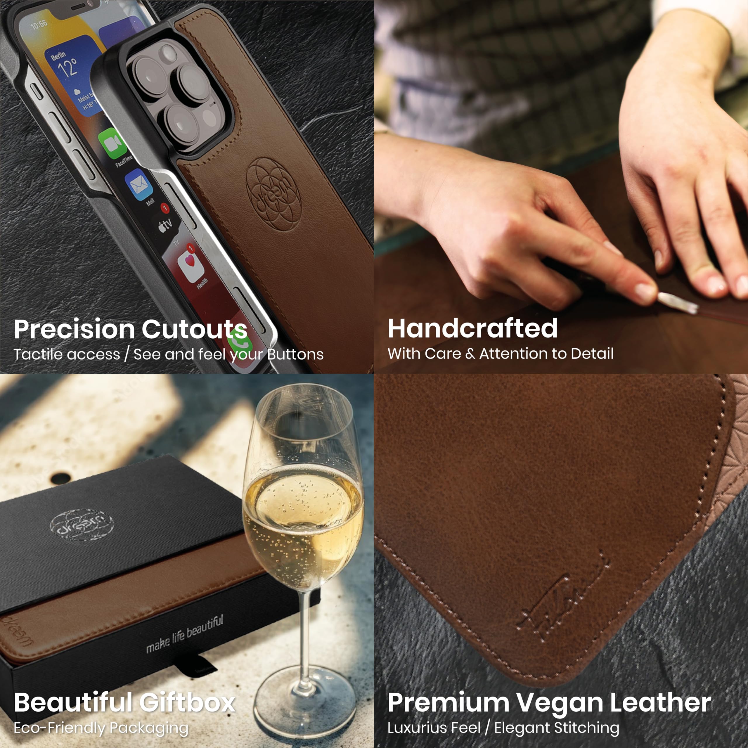 dreem Wallet Case for iPhone 15 Pro Max, Revolutionary Vert/Hor Phone Stand, Magnetic Detachable Vegan Leather Flip Cover RFID Blocking Card Holder, MagSafe-Fit, Gift Box [Fibonacci: Chocolate] — view 6