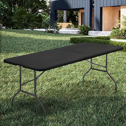 Vista 44 de MoNiBloom Mesa plegable de 6 pies, mesas de comedor de plástico portátiles resistentes plegables por la mitad, escritorio para interiores y Negro