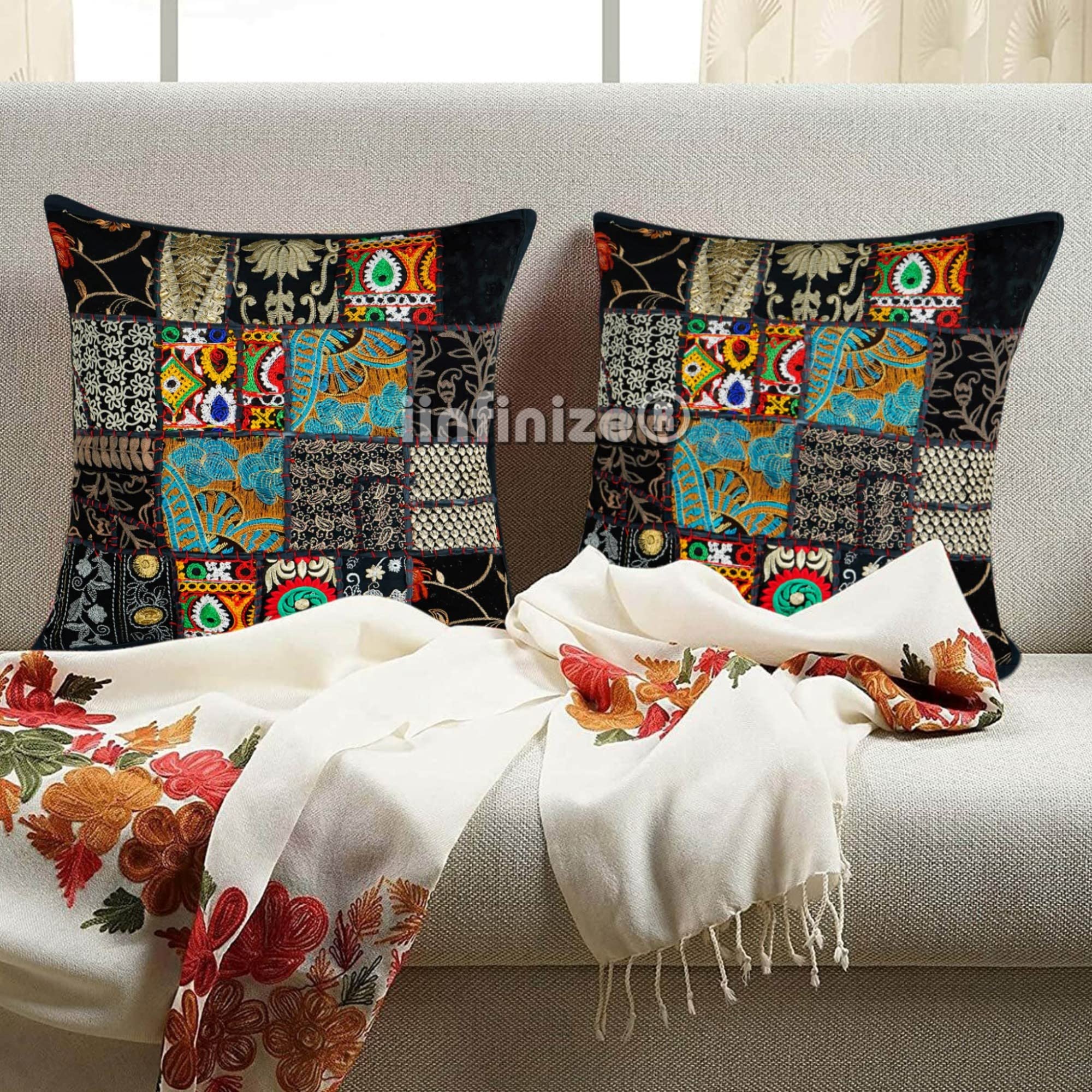 iinfinize Modern Sofa Cushion Cover | Patchwork Embroidered Throw Cushion | Cotton Vintage | Square Sofa Cushion | Sofa Sham Cushion | 18X18 Inch | 2 Pcs Set