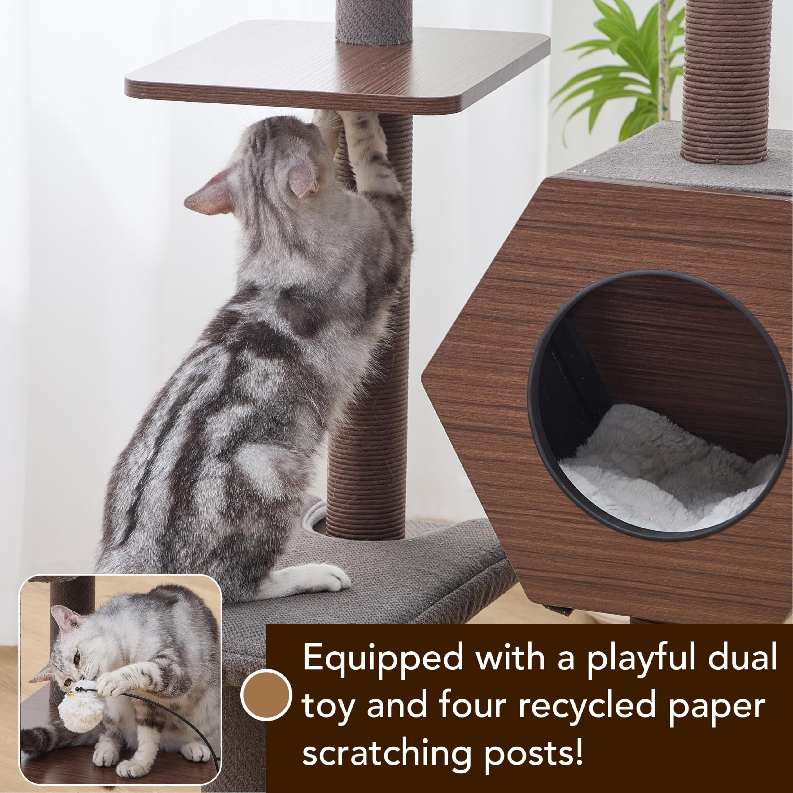 PetPals 5-Level 46.4” Mid-Century Modern Cat Tree with Hexagon Condo, Replaceable Recycled Paper Rope Scratchers, Washable Bed&Toys, Quick Assembly, Ideal for Medium Cats,Dark Brown - image 6