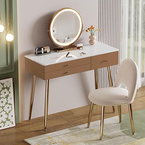 Miniatura 10 de Escritorio de tocador con espejo y luces| Juego de tocador de maquillaje moderno beige de 39 pulgadas con cajones y silla ajustable | Tocador blanco