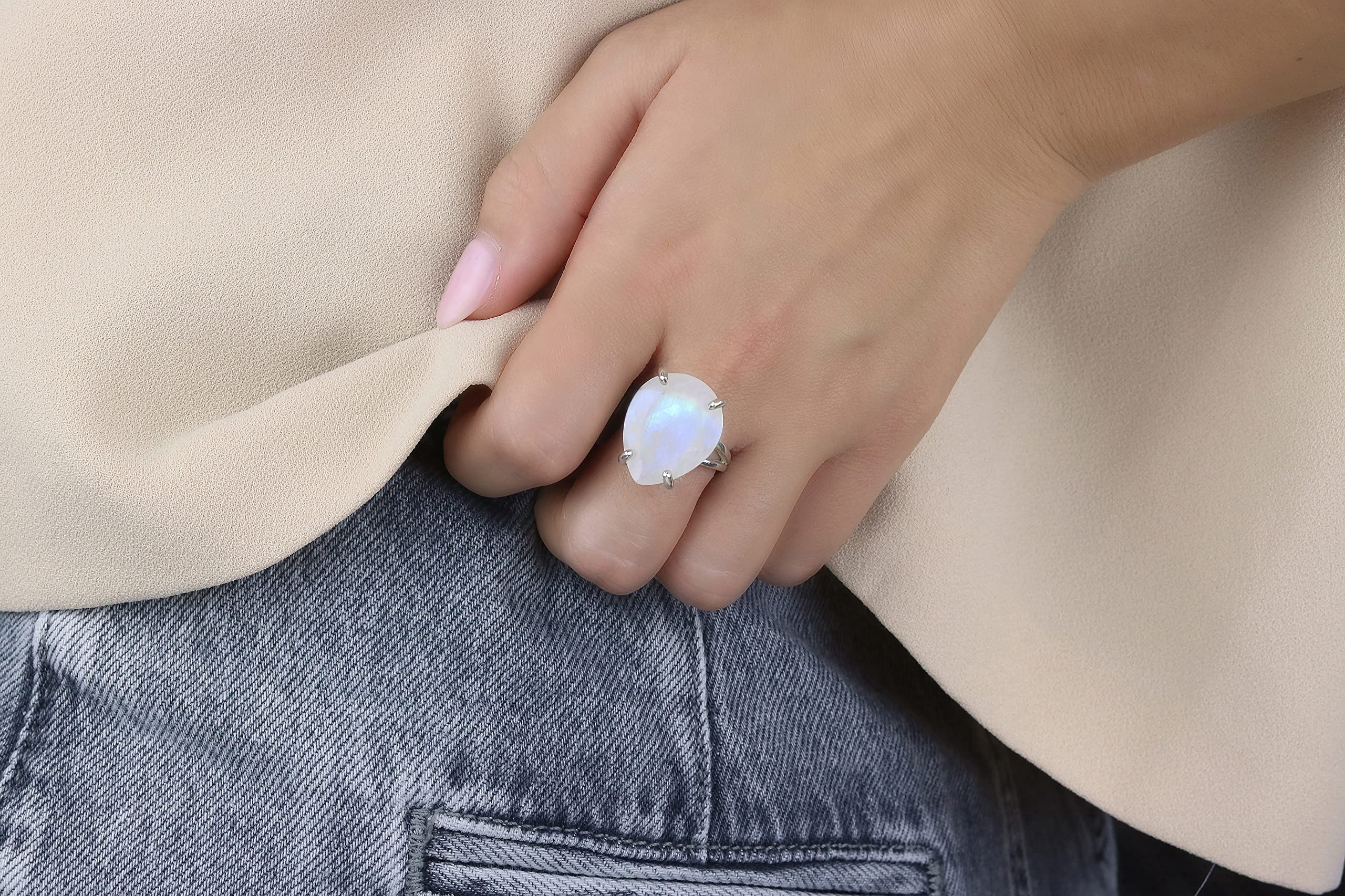 Anillo de Piedra Lunar de Color Cambiante en Plata de Ley 925 - Anillo de Piedra Lunar Moderno para Bodas, Cumpleaños y Eventos Informales