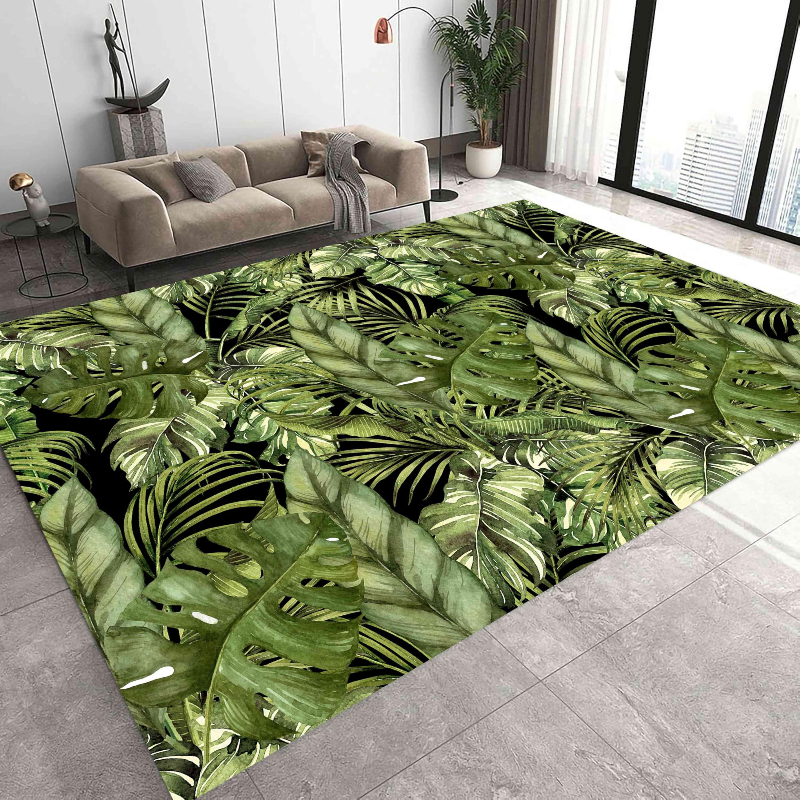 Palm Leaf Area Rug, 180x300cm, Modern Green Leaves Monstera Banana Leaf Stylish Living Room Rug for Bedroom, Dining Room, Lounge, Bedside - Modern Rugs, Soft Luxurious Easy Care, Green Leaf Color