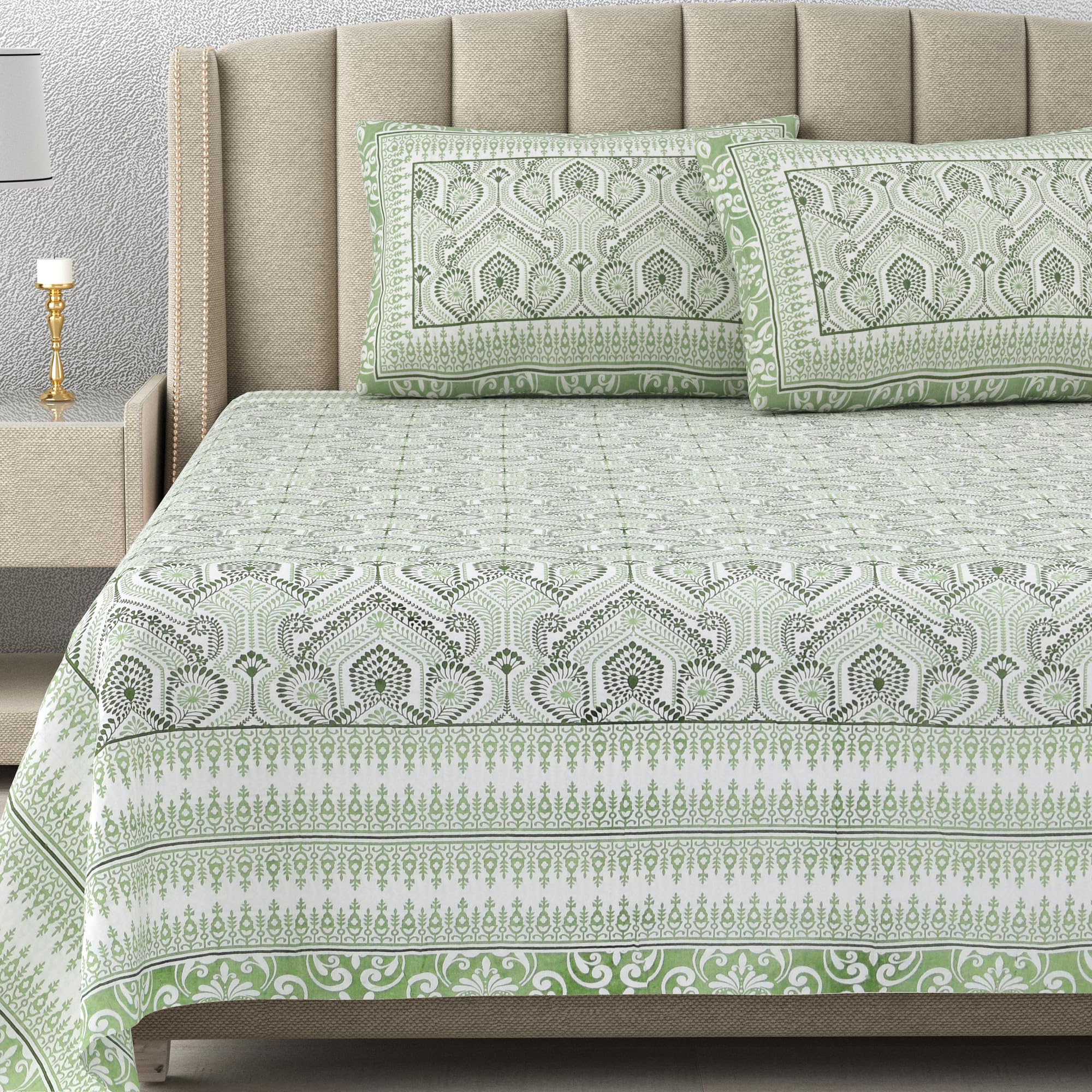 DE CAMA Since 1997 | 100% Cotton 300 TC Premium King Size Bedsheet for Double Bed (90 x 108 Inch) with 2 Pillow Covers Set (17 x 27 Inch) Designer Printed Bedsheet Set - Royal Green