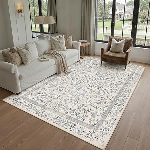 PureCozy 6x9 Blue Area Rug for Living Room Bedroom Washable Vintage Floral Carpet Low Pile Non Slip Botanical Aesthetic Dining Room Soft Accent Throw Rug Nursery Office Indoor