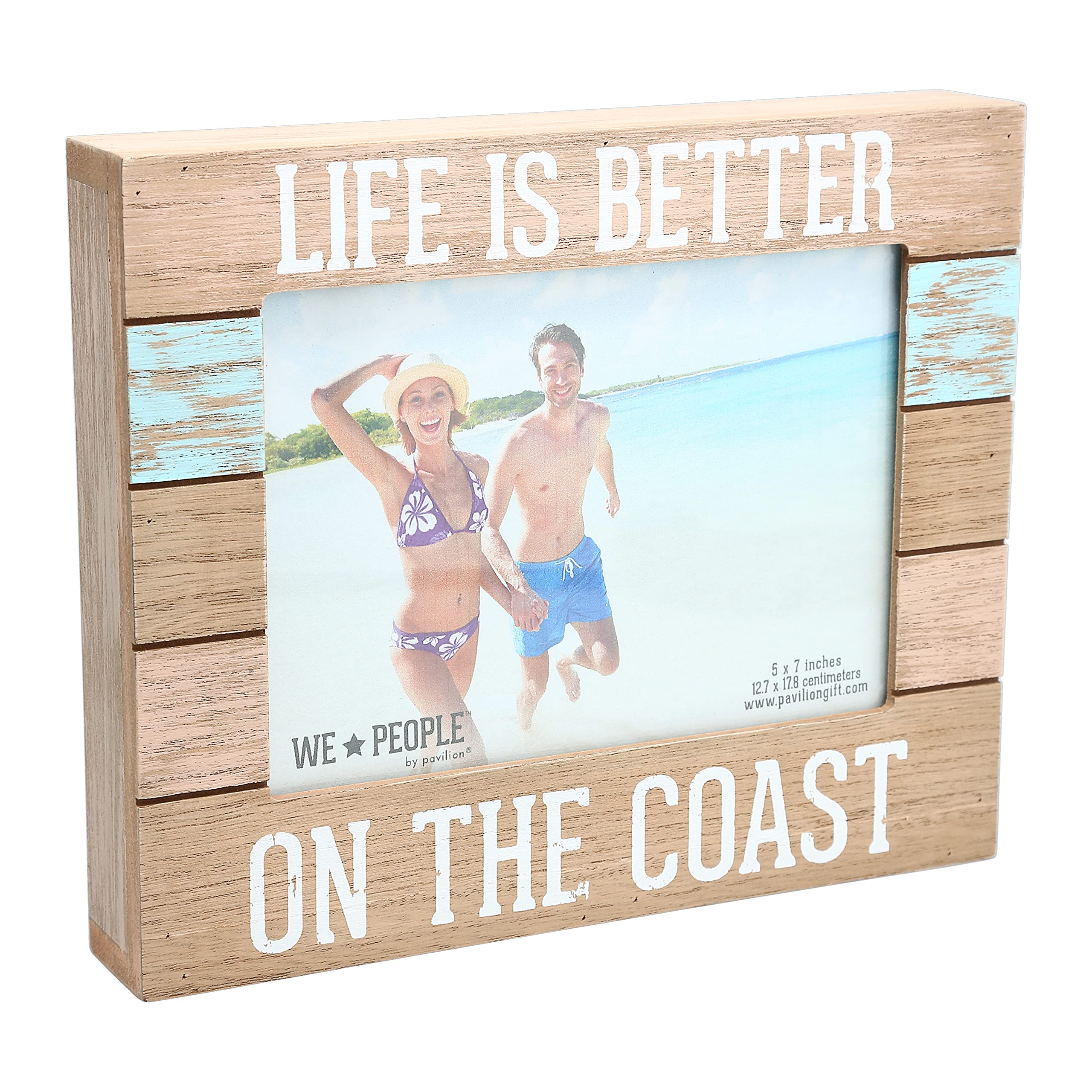 Pavilion Gift Company Life Is Better On The Coast Horizontal 9" X 7.25" Mdf Self-Standing Picture Frame, 5" X 7" Photo Holder, Brown, White & Blue-image