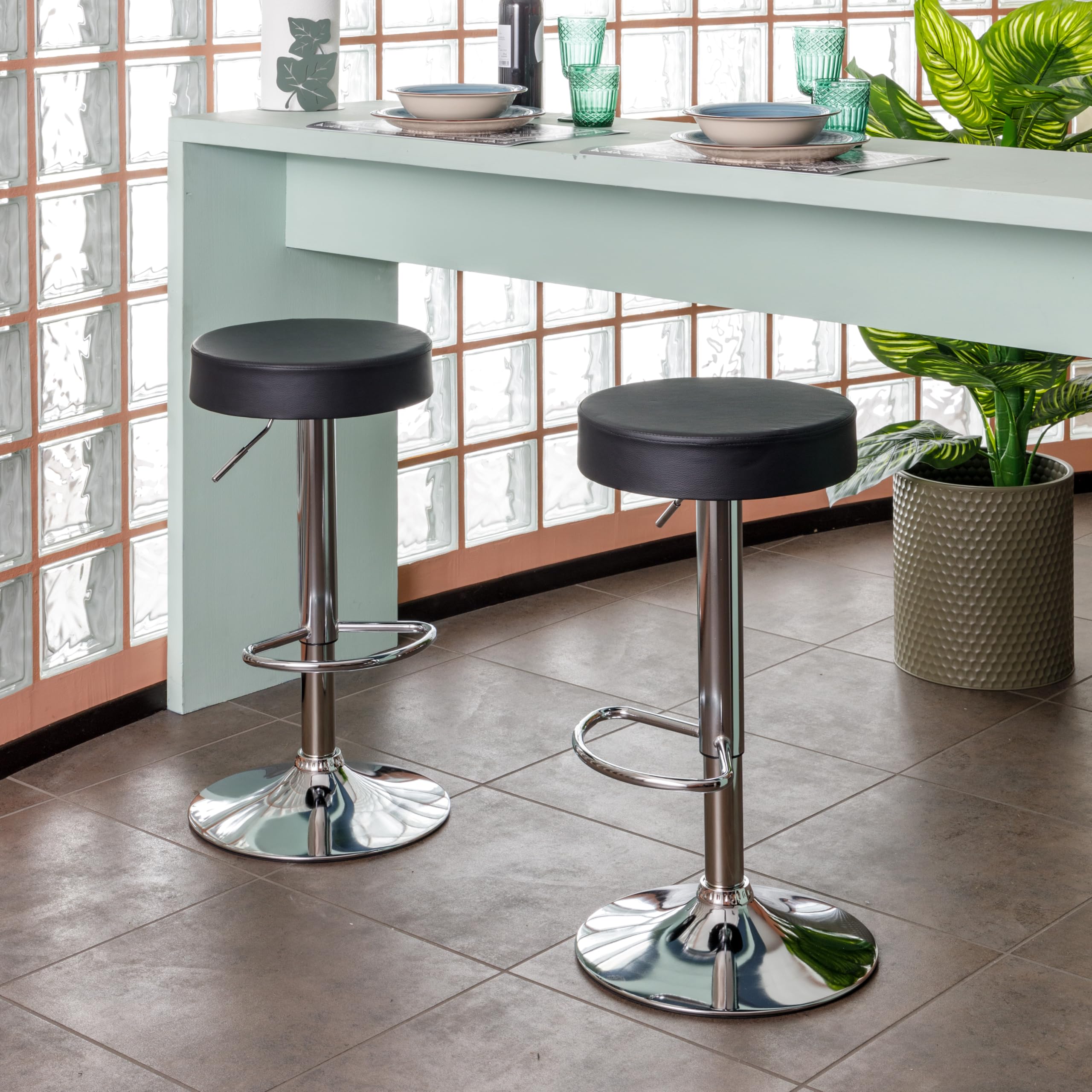 Baroni Home Sgabello Bar Girevole con Altezza Regolabile, Base Cromata con Poggiapiedi e Fondo Antigraffio, Sgabello Cucina, Ristorante, Penisola, Facile da Montare, 35x45x59-79 cm, Nero, 1 Pezzo