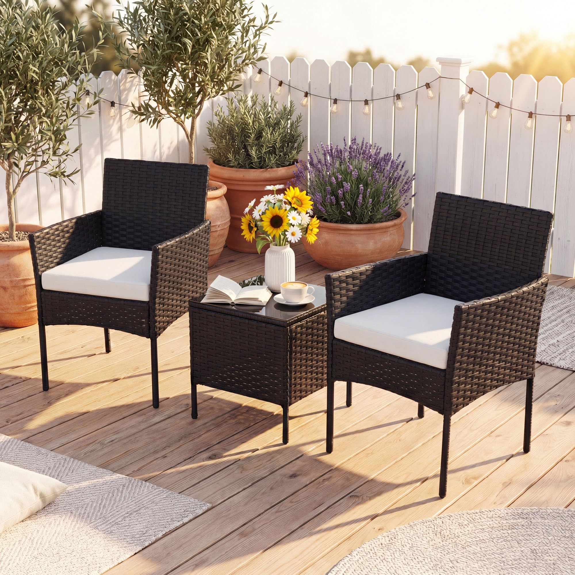 LIFEZEAL - Juego de muebles de jardín de ratán de 2 plazas, salón de jardín al aire libre con 2 sillones, cojines extraíbles, mesa baja de cristal templado para terraza, patio (beige)