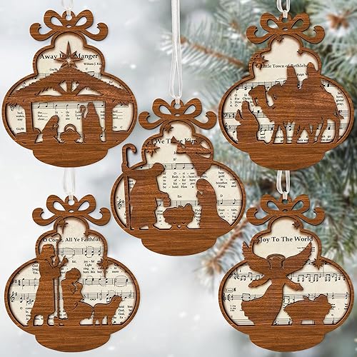 Paquete de 5 adornos para partituras de música de pesebre, escena católica de madera, árbol de Navidad, cortado con láser, cristiano para bendición
