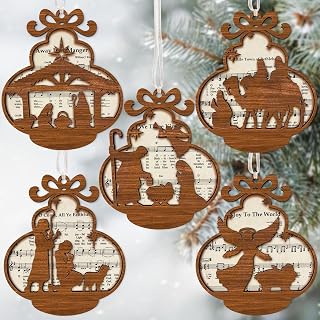 Pack of 5 Nativity Music Sheet Ornaments Wooden Catholic Scene Hanging Xmas Tree Laser Cut Christian for Christmas Blessing Birth of Jesus Ornament for Mom, Dad, Pastor CB-11-BELL