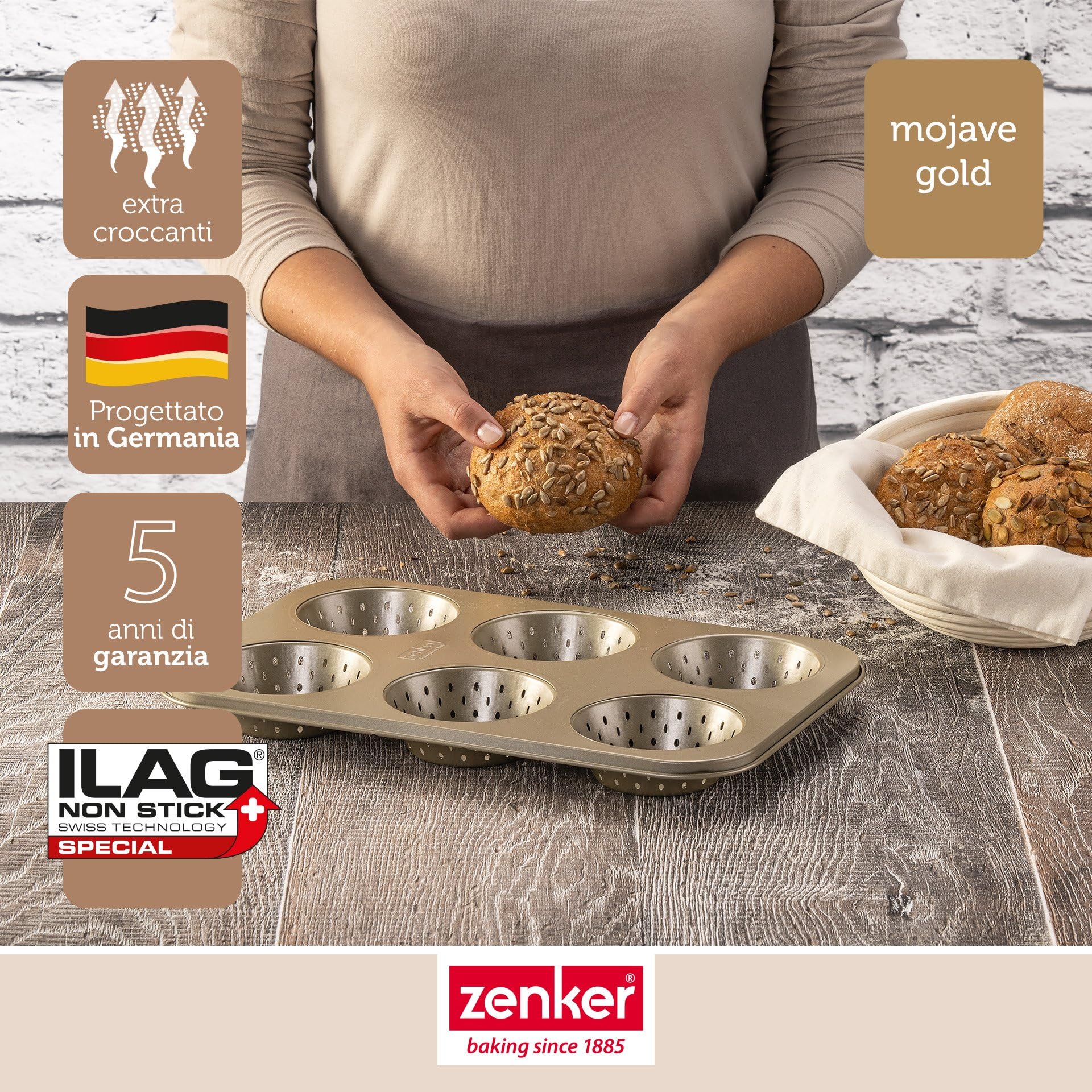 Zenker 6 teglie per panini – Stampo perforato per panini croccanti – Rivestimento antiaderente che impedisce l'incollaggio – Resistente al calore fino a +230°C, 34 x 22 x 3 cm