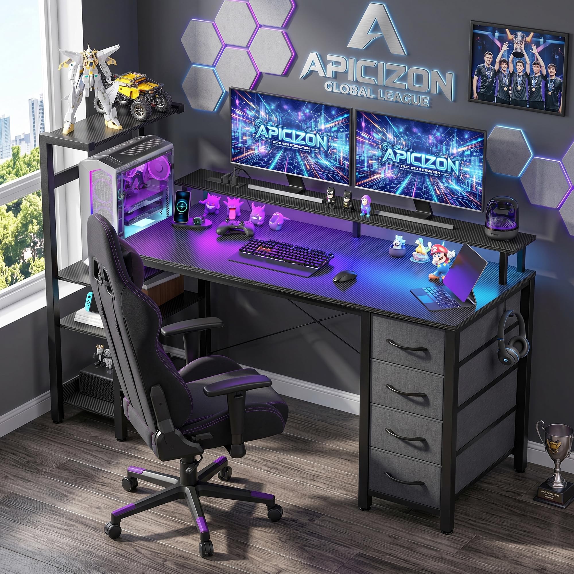 APICIZON Gaming Schreibtisch 150cm mit Bucherschrank - Umkehrbarer Computertisch mit RGB LED-Beleuchtung, 2 USB-Anschlüssen, Kopfhorerhalter & Becherhalter, Carbon-Optik Schwarz