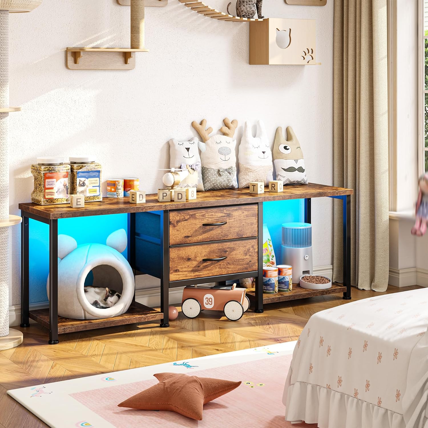 LED TV Stand for up to 65 inch TVs, Entertainment Center with 2 Fabric Dresser and 2 Open Tall Storage Shelves, Media Console Table, TV Stands for Living Room, Bedroom, Gaming Room, Rustic Brown