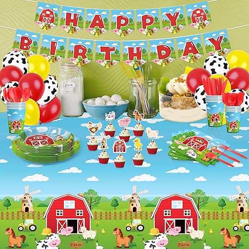 Miniatura 6 de 218 piezas de suministros para fiesta de cumpleaños de granjero, animales de granja, decoraciones de fiesta de cumpleaños, platos de granja,