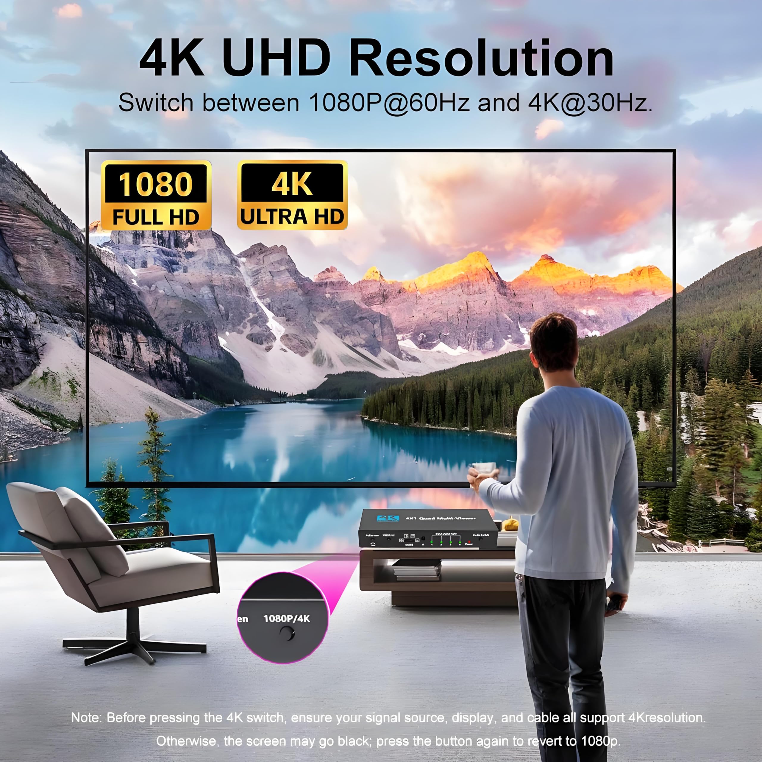 HDMI Multi-Viewer 4X1 Seamless Switcher 4 in 1 Out con Telecomando IR 4K 30Hz 1080P 60Hz