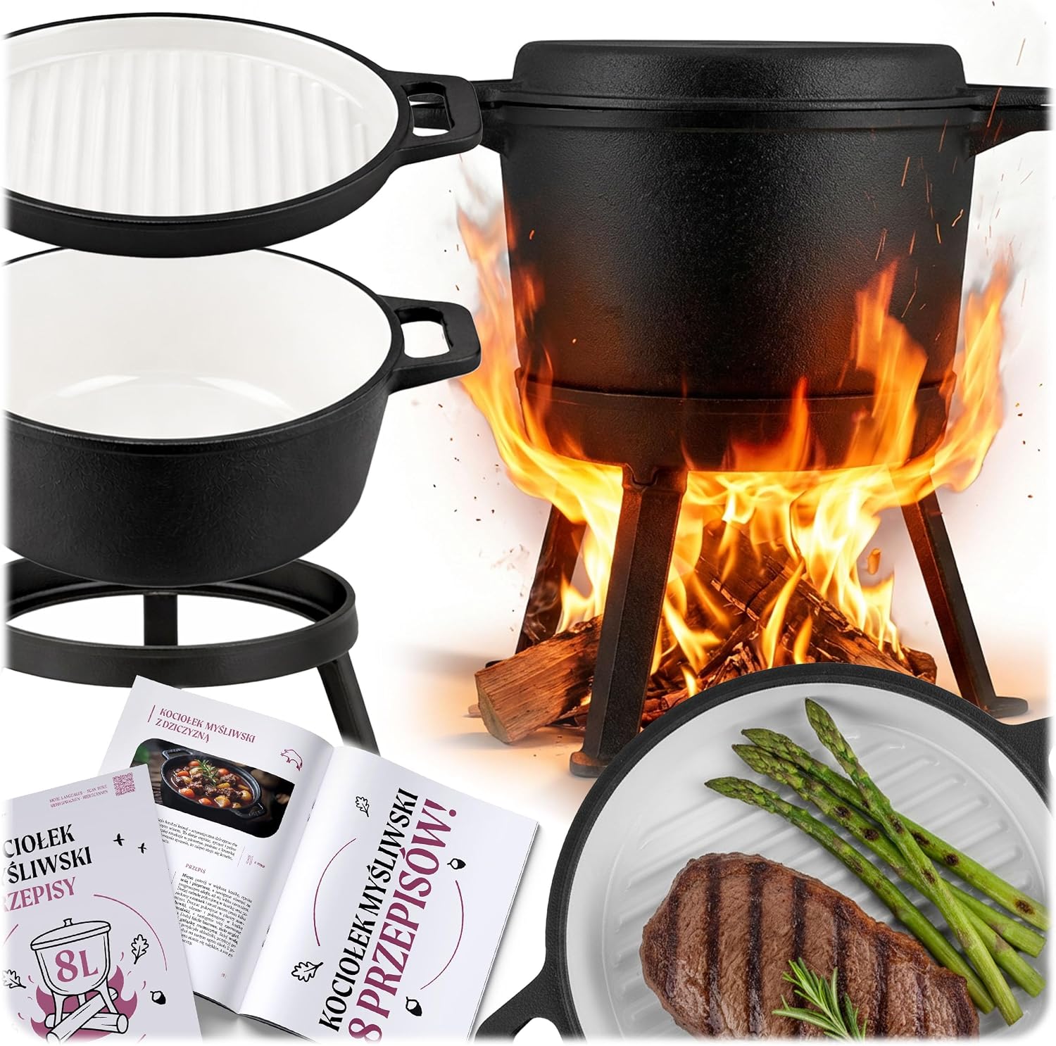 Berdsen Cast Iron Pot 8 L Dutch Oven - Enamelled Fire Pot for Campfire and Grill - 2-in-1 Lid Can be Used as a Pan - with 3 Legs and Hanging Bracket - Includes Recipe Book - Black