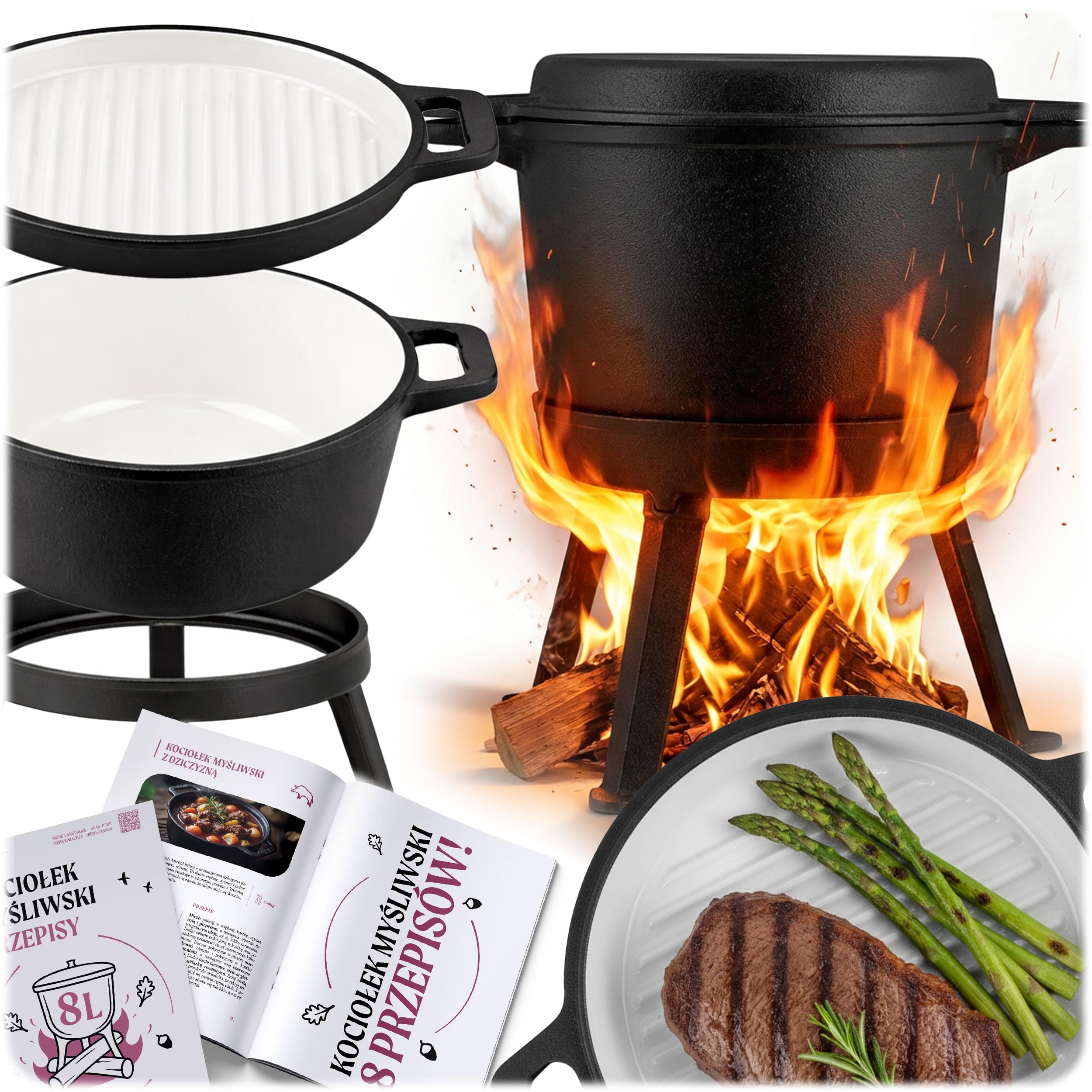 Berdsen Gusseisen Topf 8 L Dutch Oven - Emailierter Feuertopf für Lagerfeuer und Grill - 2-in-1 Deckel als Pfanne nutzbar - mit 3 Beinen und Aufhängebügel - inkl. Rezeptbuch - Schwarz