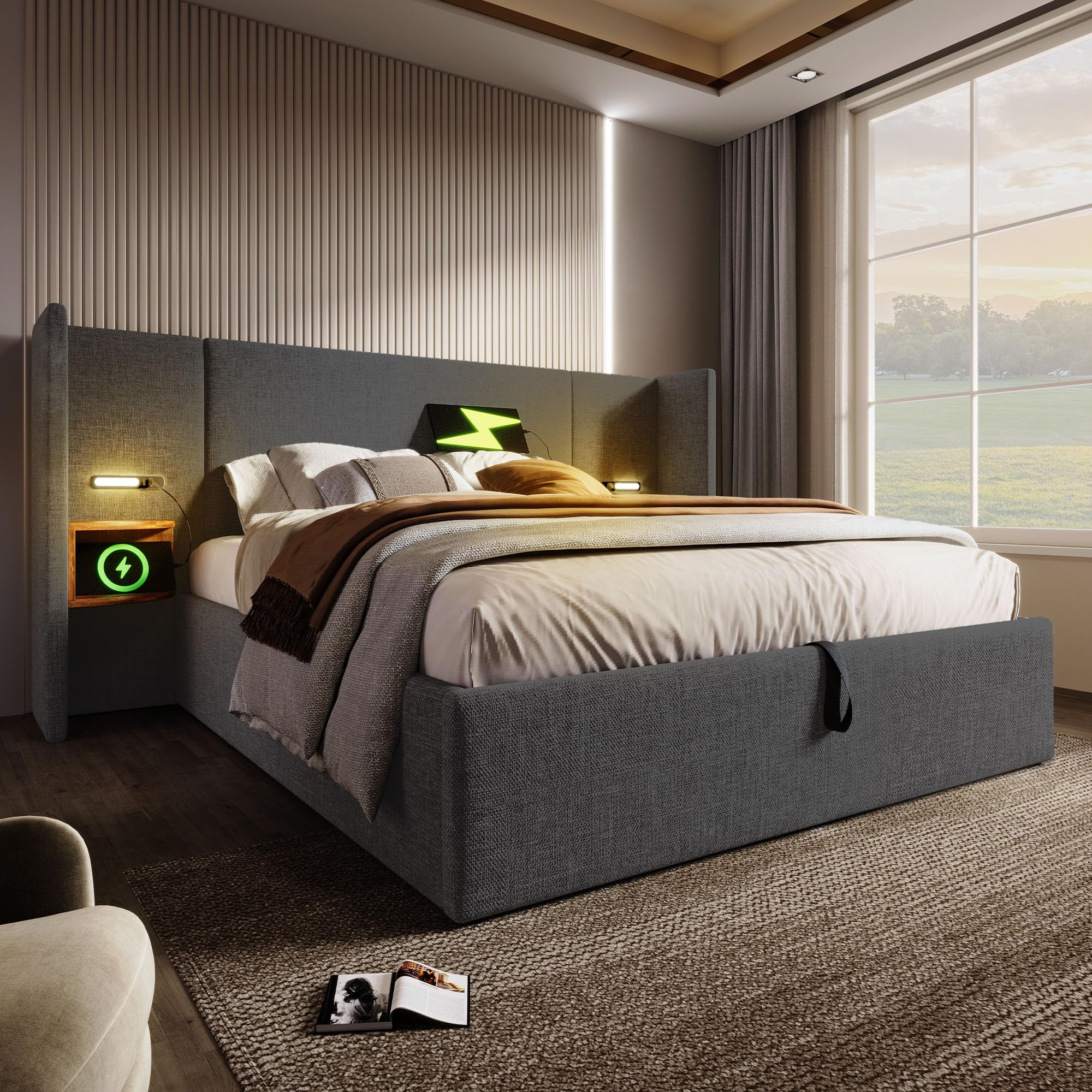 Letto imbottito 180 x 200 cm, comodino, lampada da lettura e ricarica USB C, rete a doghe legno massiccio e metallo, lino grigio