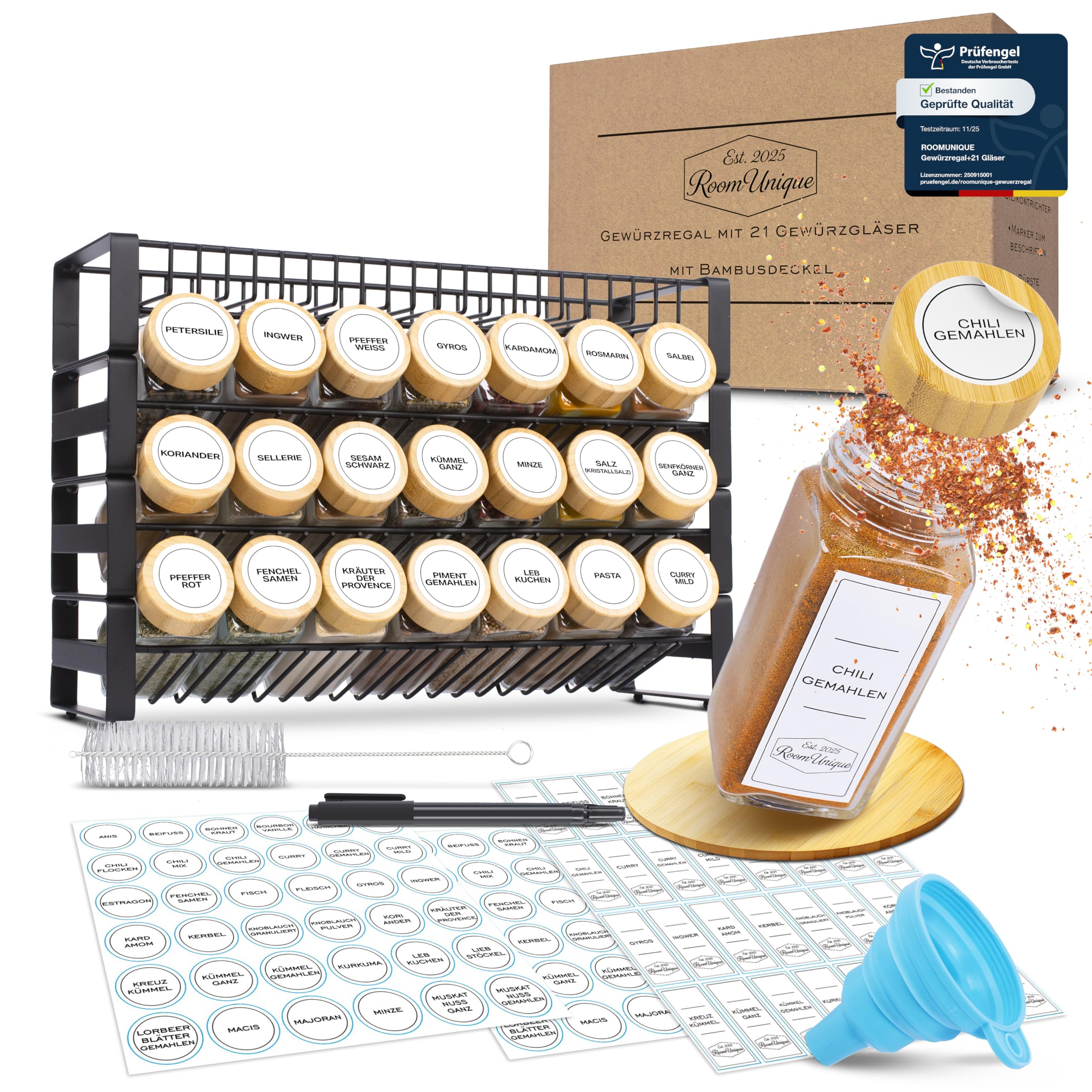 Gewürzregal mit Gewürzgläsern | 21 Gläser a 120 ml mit Bambusdeckel | Etiketten | Streueinsätze | Trichter+Bürste | Metallregal 36,6×25×11 cm | Modular + beschriftbar | inkl. Marker