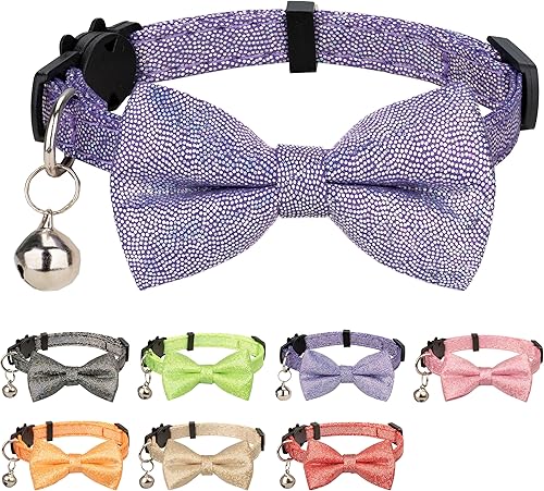 Gyapet Collar de gato con pajarita brillante para gatos, campanilla, fiesta, boda, festivo, 7-11 pulgadas, niña y niño, morado taro