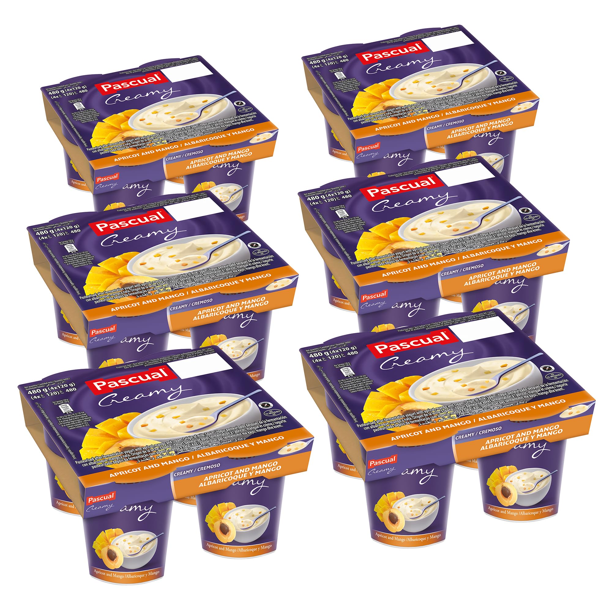 Pascual Yogur Cremoso Sabor Albaricoque y Mango - 6 Paquetes de 4 x 125 gr - Total: 3 kg