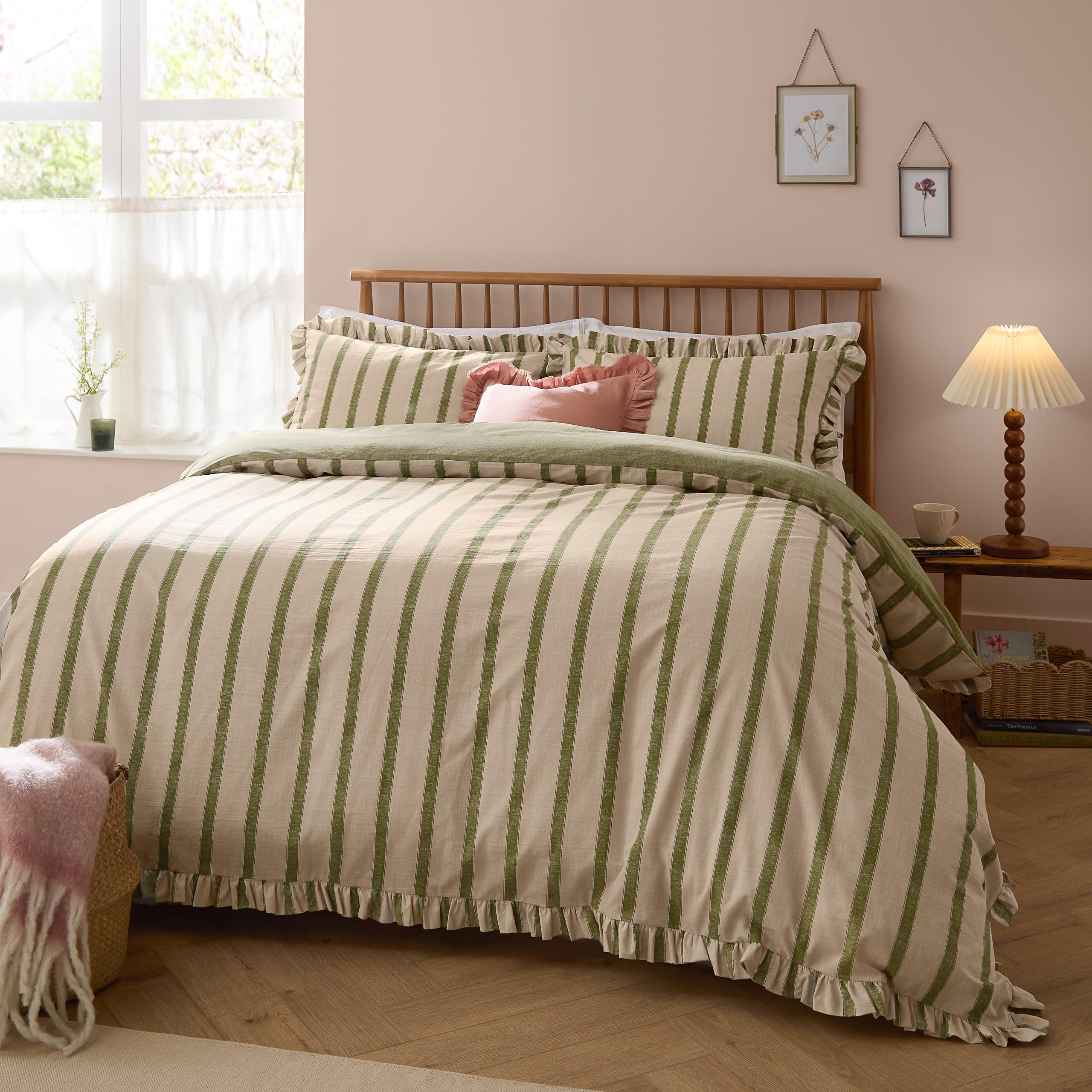 Wylder Connie Striped Ruffle Duvet Cover Set in Olive | Size: King