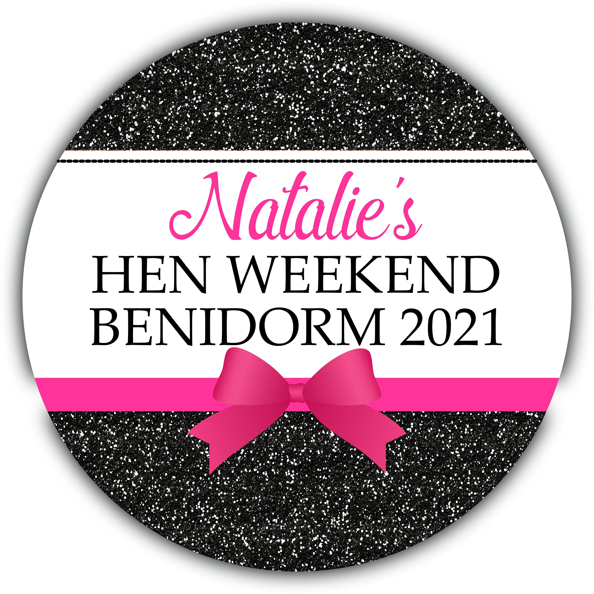 Personalised Gloss Hen Night Stickers Labels for Party Bag Thank You Printed Glitter Effect (35 x Round 37mm Small, Black)