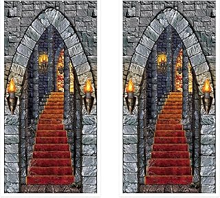 Beistle Castle Entrance Door Covers 2-Count – Plastic Gothic Decorations with Torches and Stone Staircase for Haunted Houses, Dungeon Themes, Halloween Parties and Fantasy Events, 5’ x 30”
