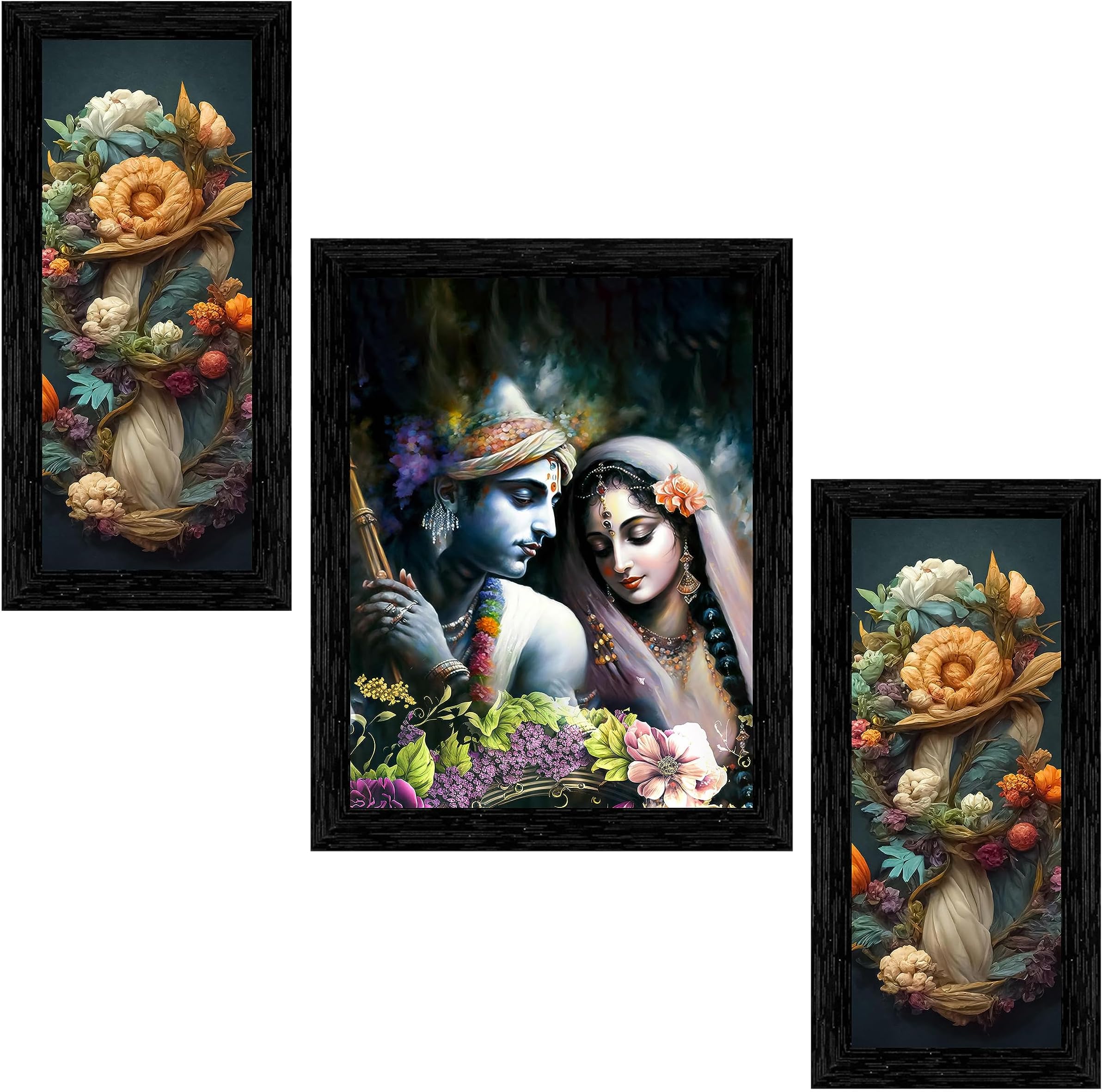 Umi. Set Of 3 Radha Krishna Framed Art Painting (10314) Without Glass 6 X 13, 10.2 X 13, 6 X 13 Inch (Color 2)