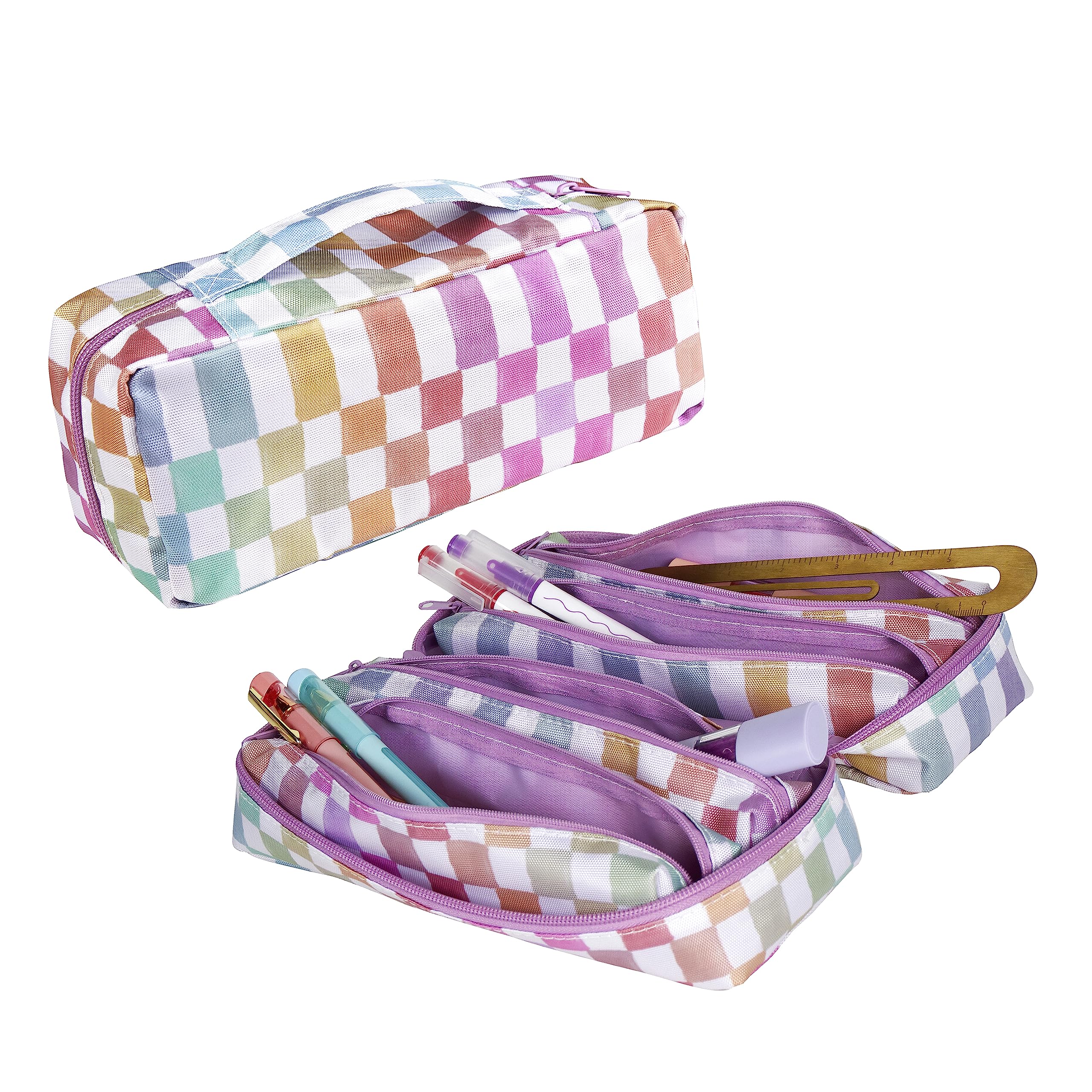 Erin Condren5-in-1 Zipper Pouch - Watercolor Checkered - Four Removable Small Interior Pouches in an Overall Large Pouch for Organization and Travel