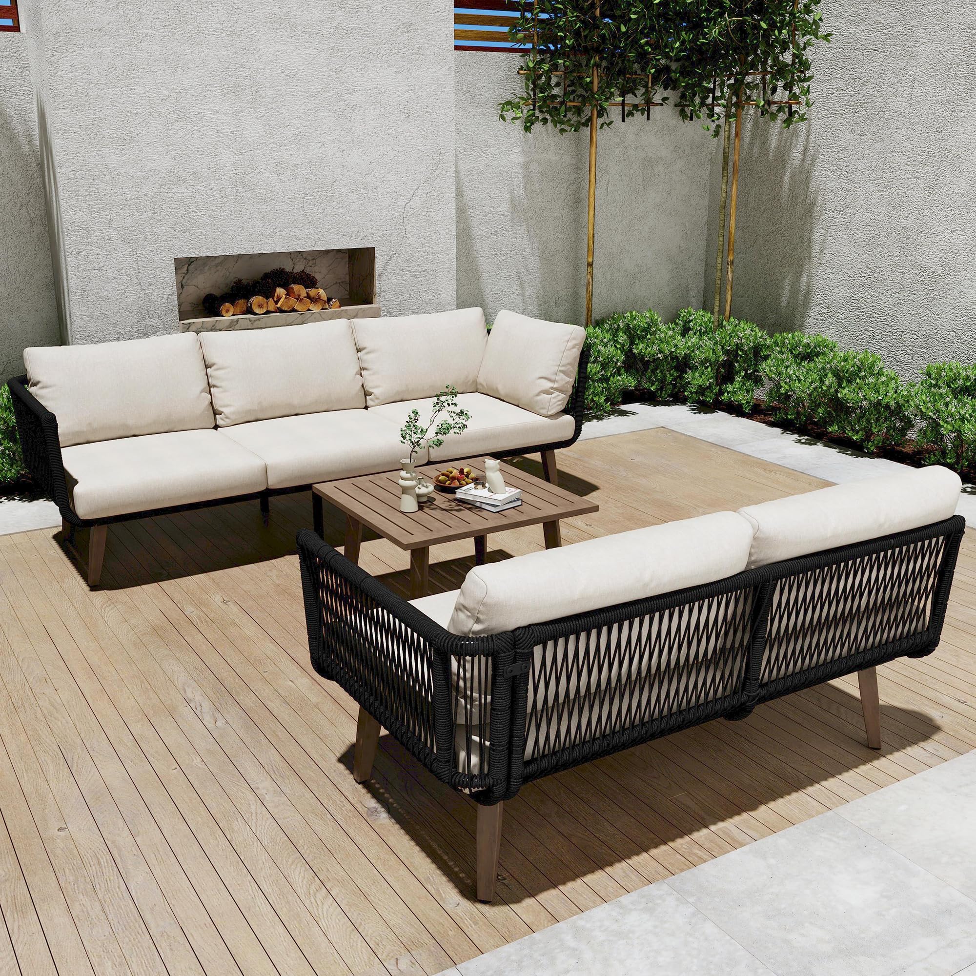 Merax Gartenmöbel-Set mit Sofa & Couchtisch, Outdoor Lounge-Set aus verzinktem Stahl, Olefin-Polster & geflochtenem Seil, Tischplatte in Holzoptik für Garten, Terrasse & Balkon, Beige + Schwarz