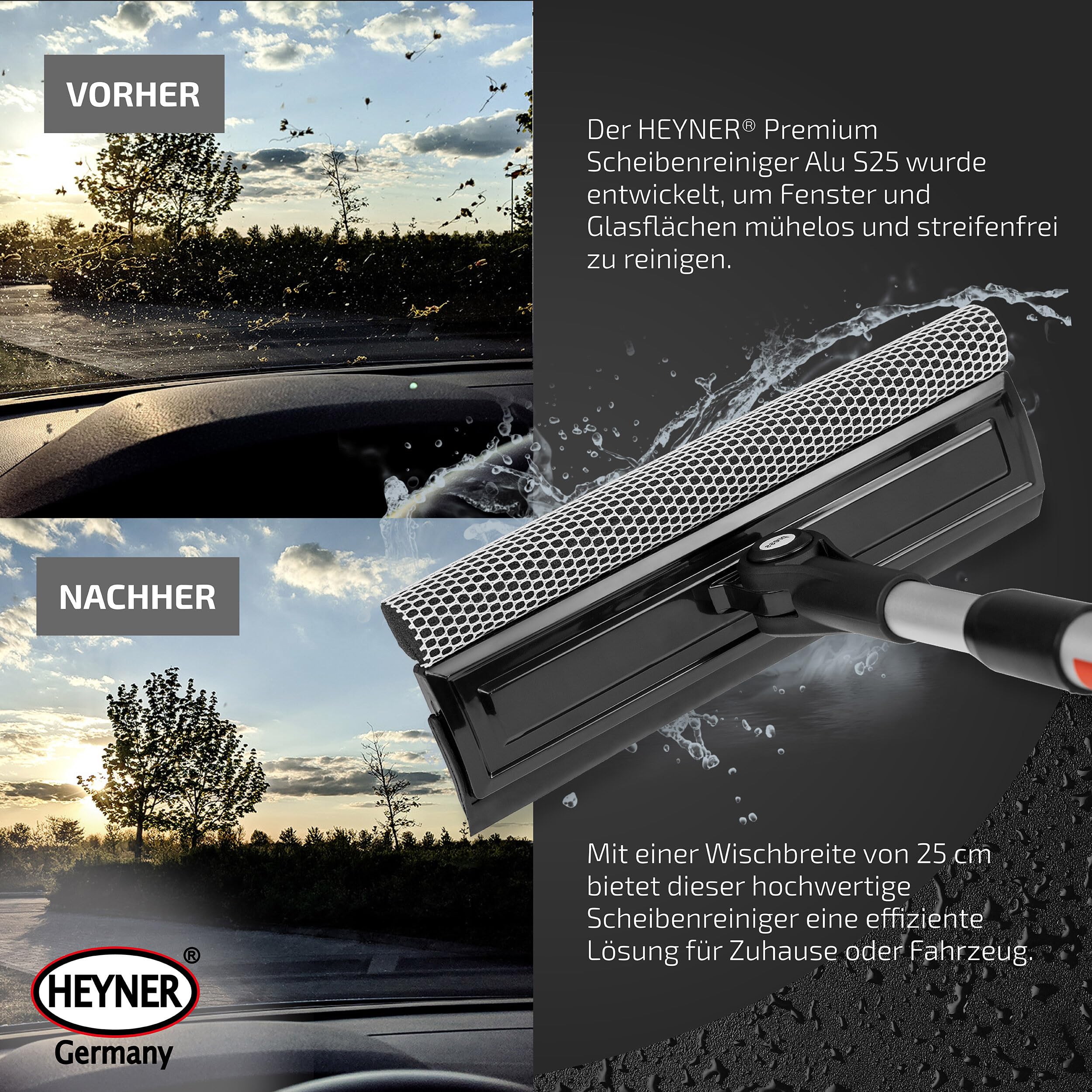 HEYNER® Nettoyeur de vitres de Voiture M25 25cm Extracteur en Aluminium & éponge Pliable Largeur 25cm Universel Véhicules de Tourisme Camionnette
