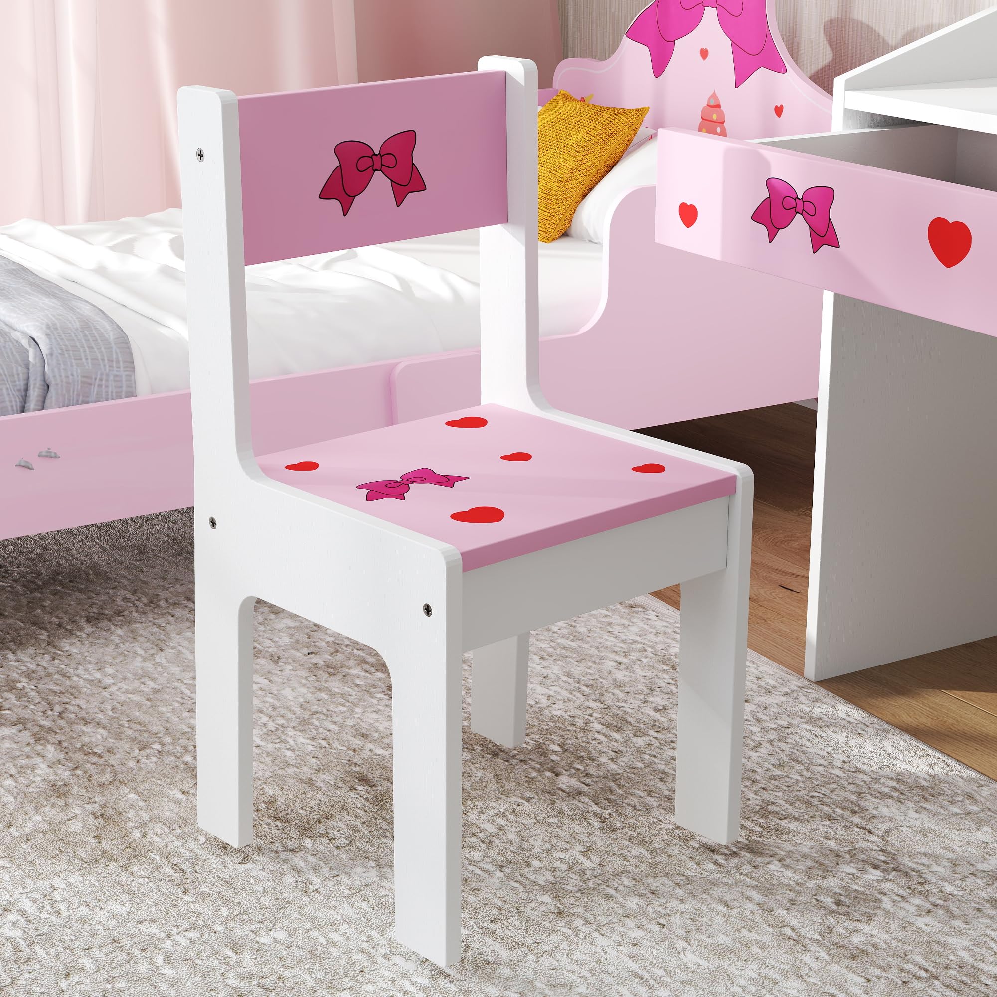 AIYAPLAY Set di scrivania e sedia per bambini +3 anni Scrivania per bambini con cassetto estraibile e scomparto per la camera da letto e la sala studio Rosa e bianco