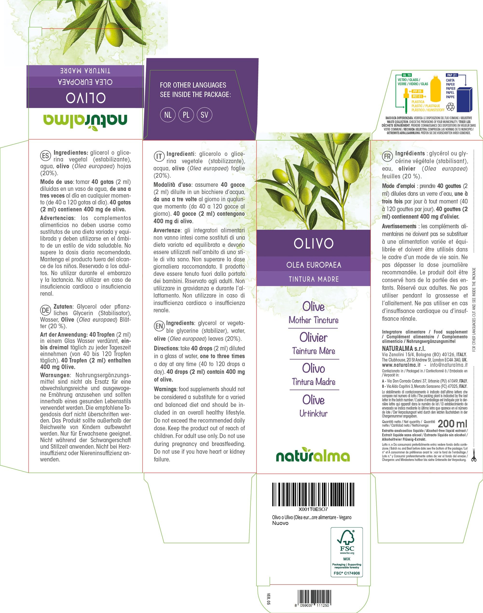 Olivo o Ulivo (Olea europaea) foglie Tintura Madre analcoolica Naturalma - Estratto liquido gocce 200 ml - Integratore alimentare - Vegano