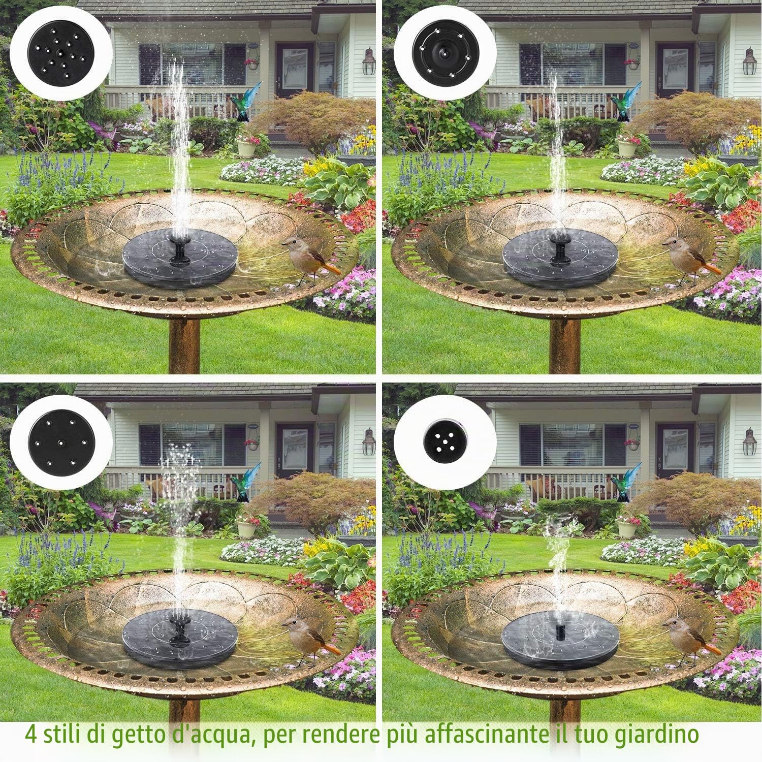 Pompa a fontana per uccelli a energia solare con 6 ugelli per vasche per uccelli, giardini, laghetti e piscine, decorazione ideale per esterni