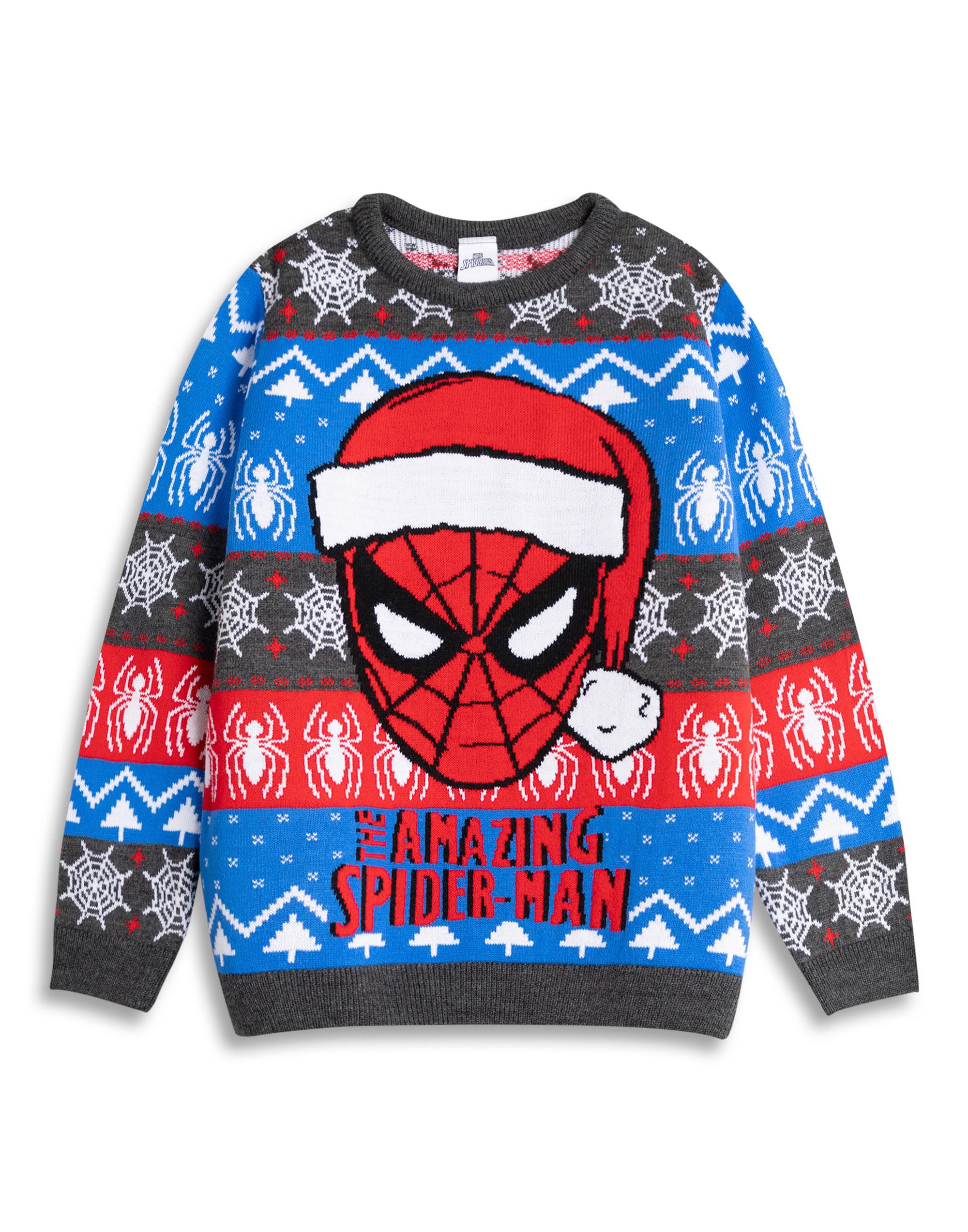 Marvel Spiderman The Amazing Spiderman Boys Grey Red Blue Christmas Jumper | Long Sleeve Crew Neck Holiday Wear | Kids Character Apparel | Spiderman Merch - 3-4 Years