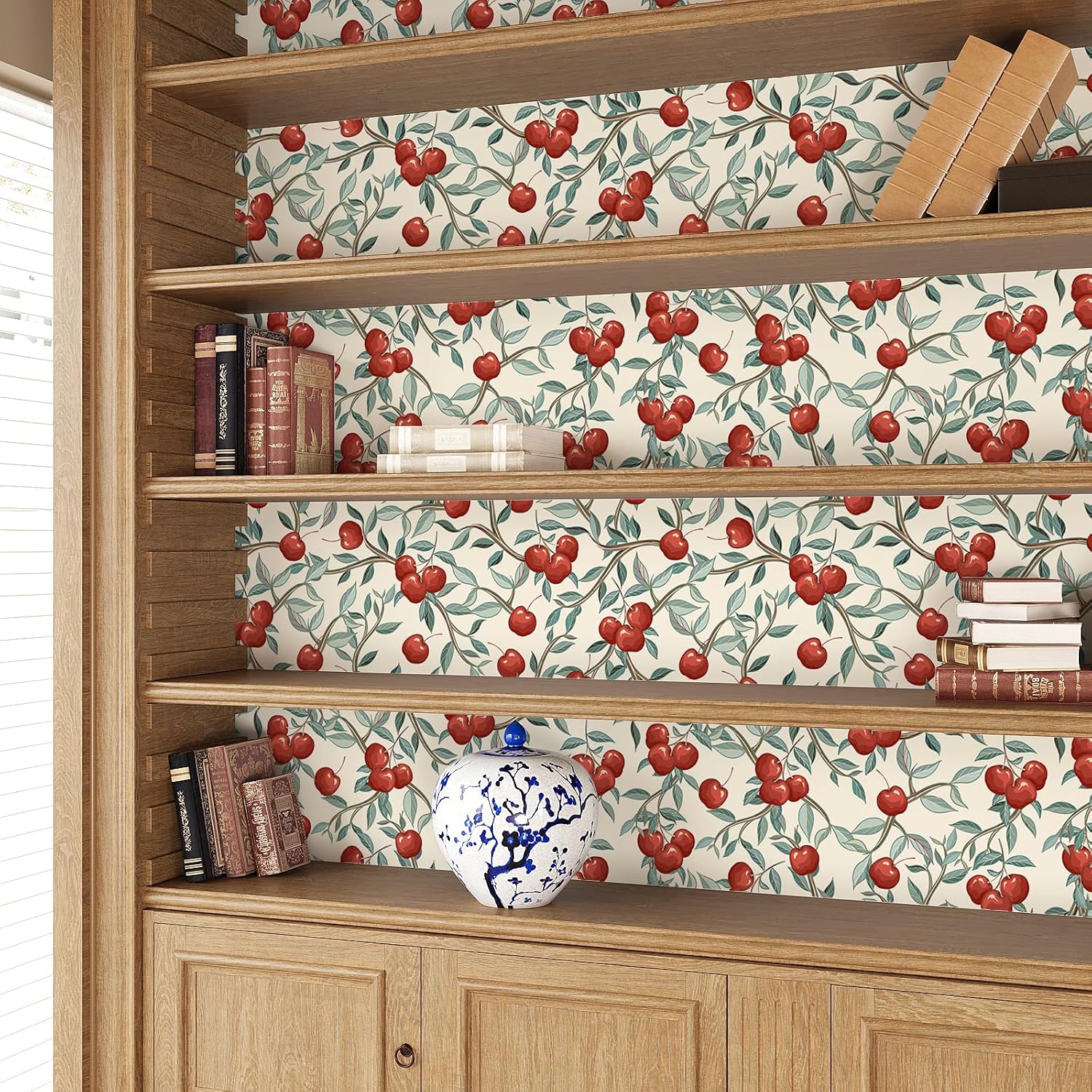 VEELIKE Retro Cherry Wallpaper Peel and Stick Removable Vintage Fruit Wallpaper for Nursery Kitchen Kids Room 17.7''x354'' Prepasted Cherry Wall Mural Self Adhesive Fruit Contact Paper for Cabinets