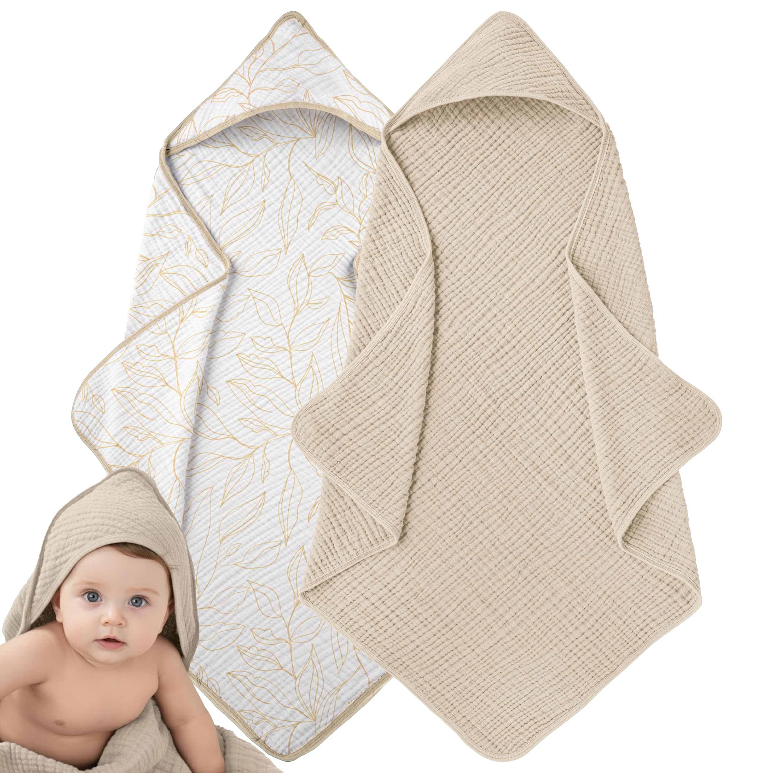 LILY O LAUREL Muslin Hooded Baby Towels for Newborns, 32"x32", 100% Cotton – 6 Layers Super Soft Absorbent Breathable, Baby Bath Towel, Toddler Bath