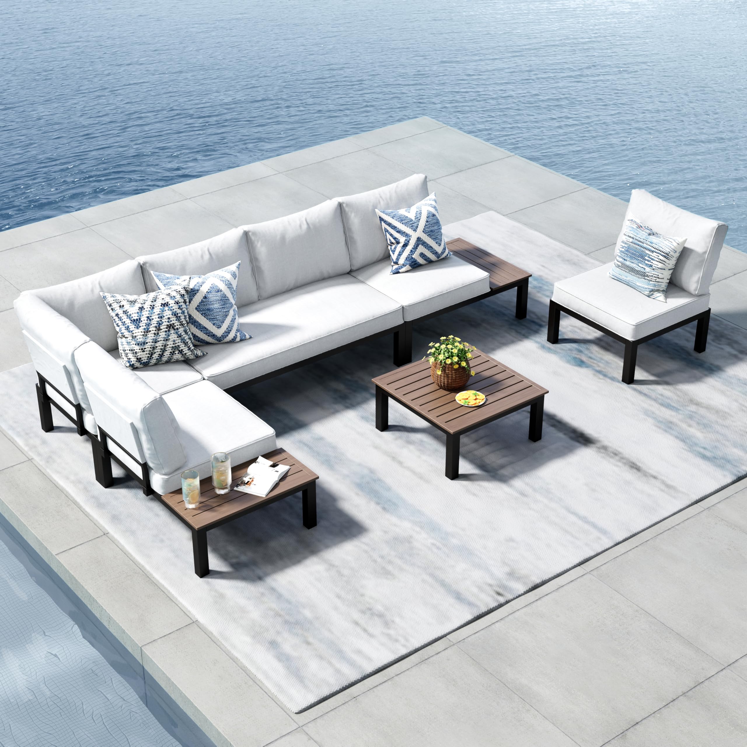 全体 view of the assembled PHI VILLA 6-Piece Outdoor Sectional Sofa Set in a patio setting.