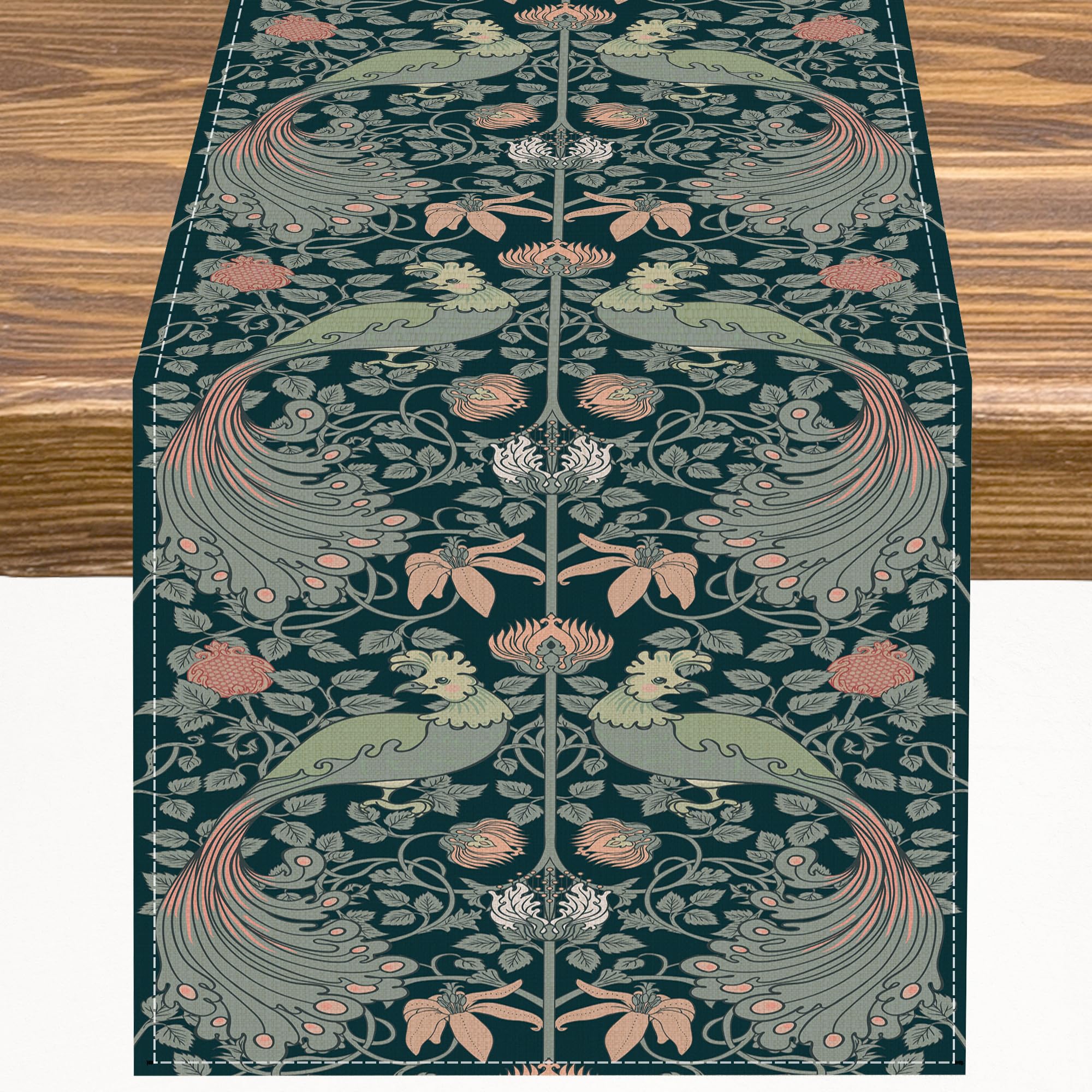 William Morris Retro Table Runner Peacock Red Flowers and Green Botanical Pattern Table Runner Table Cloth Decoration Dresser Garden Farmhouse Wedding