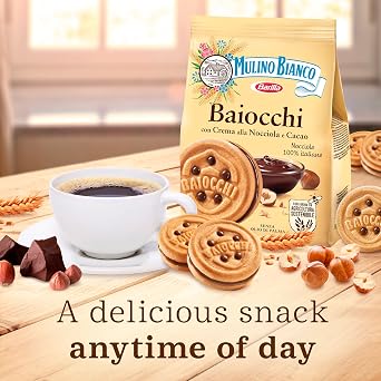 Barilla Mulino Bianco Baiocchi Biscuits, Hazelnut and chocolate filled biscuits, Pack of 10 x 260g